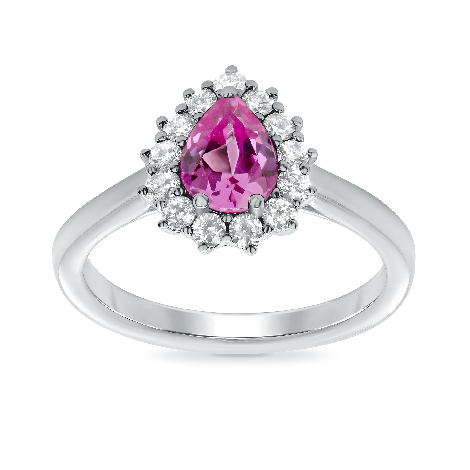 9ct white gold 7x5 pear lab created pink sapphire & E/VS diamond cluster ring 0.33cts LG