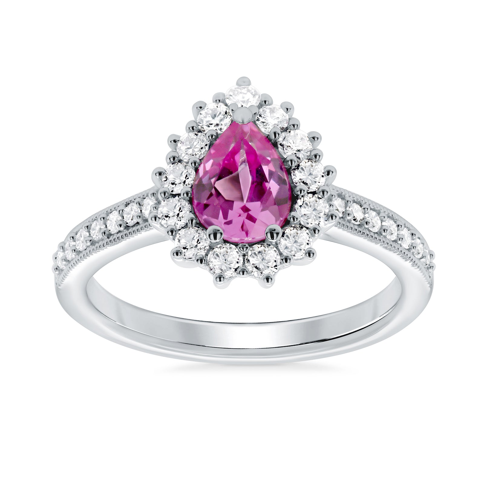 9ct White gold 7x5 pear lab created pink sapphire & E/VS diamond shoulders & cluster ring 0.50cts LG
