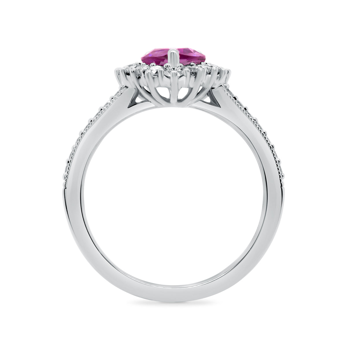 9ct White gold 7x5 pear lab created pink sapphire & E/VS diamond shoulders & cluster ring 0.50cts LG