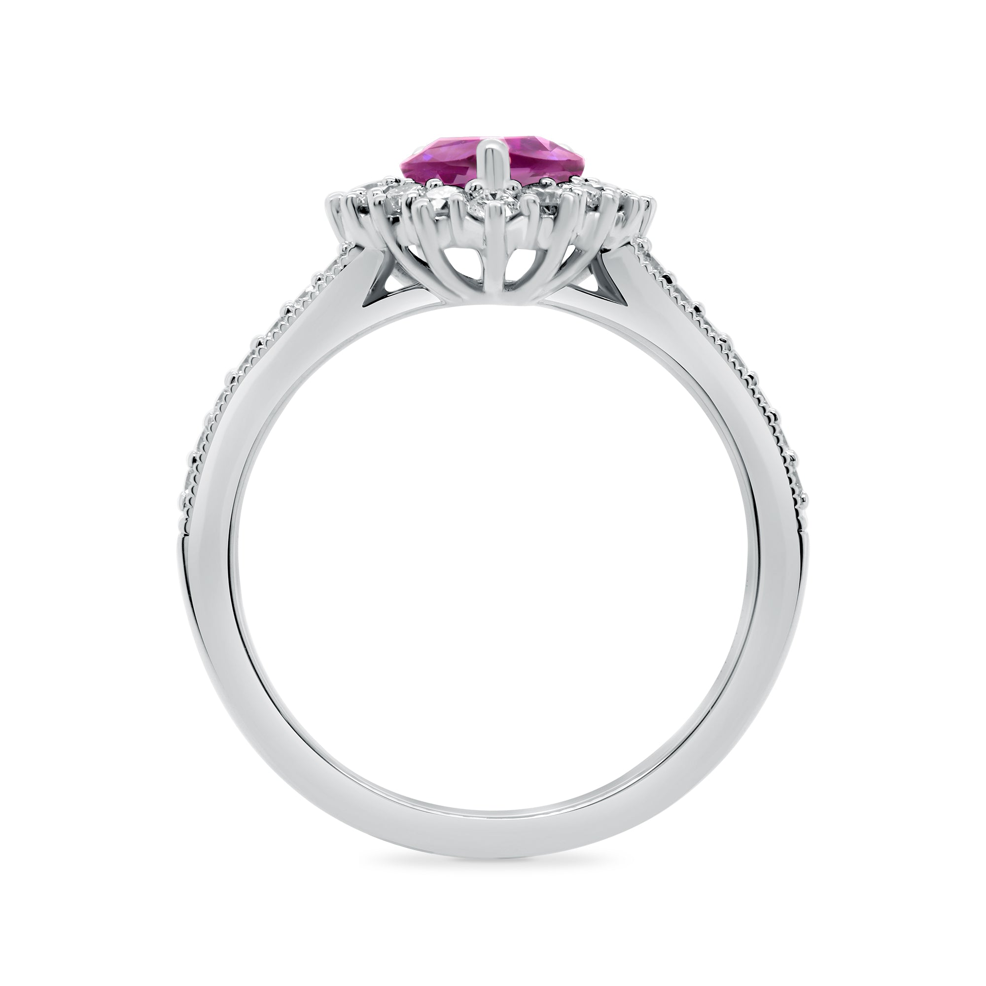9ct White gold 7x5 pear lab created pink sapphire & E/VS diamond shoulders & cluster ring 0.50cts LG