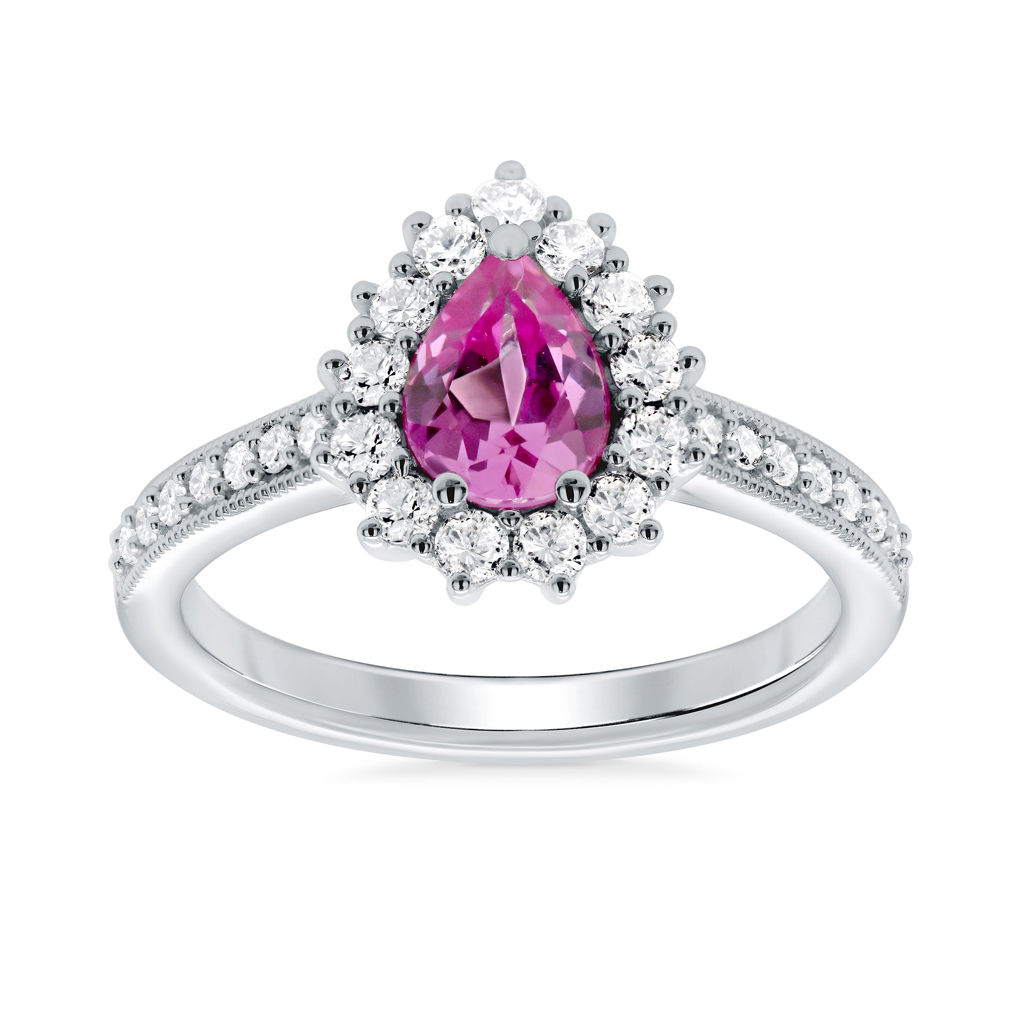 9ct White gold 7x5 pear lab created pink sapphire & E/VS diamond shoulders & cluster ring 0.50cts LG