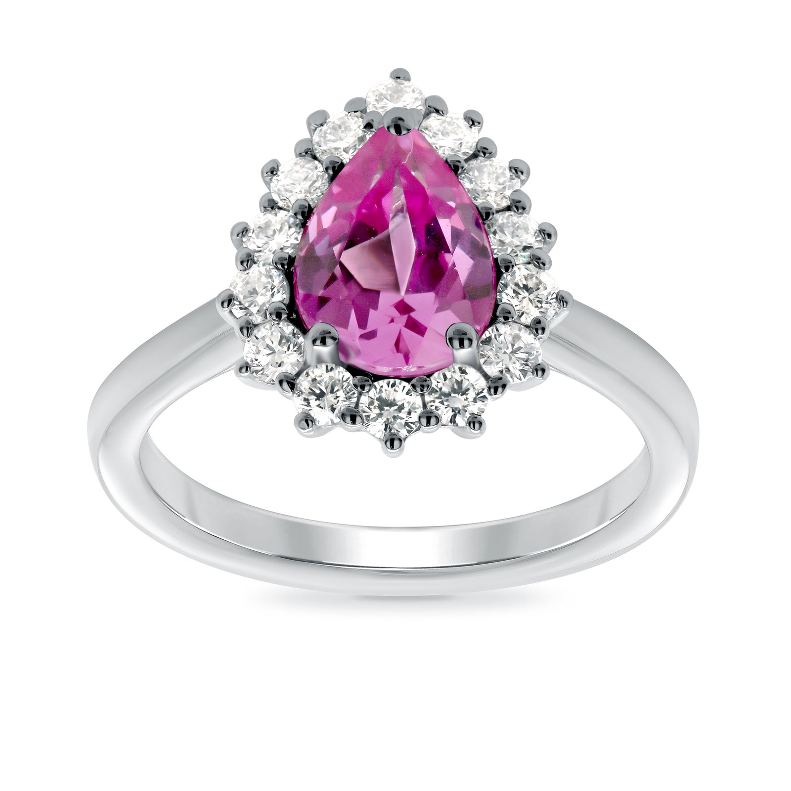 9ct white gold 8x6 pear lab created pink sapphire & E/VS diamond cluster ring 0.36cts LG