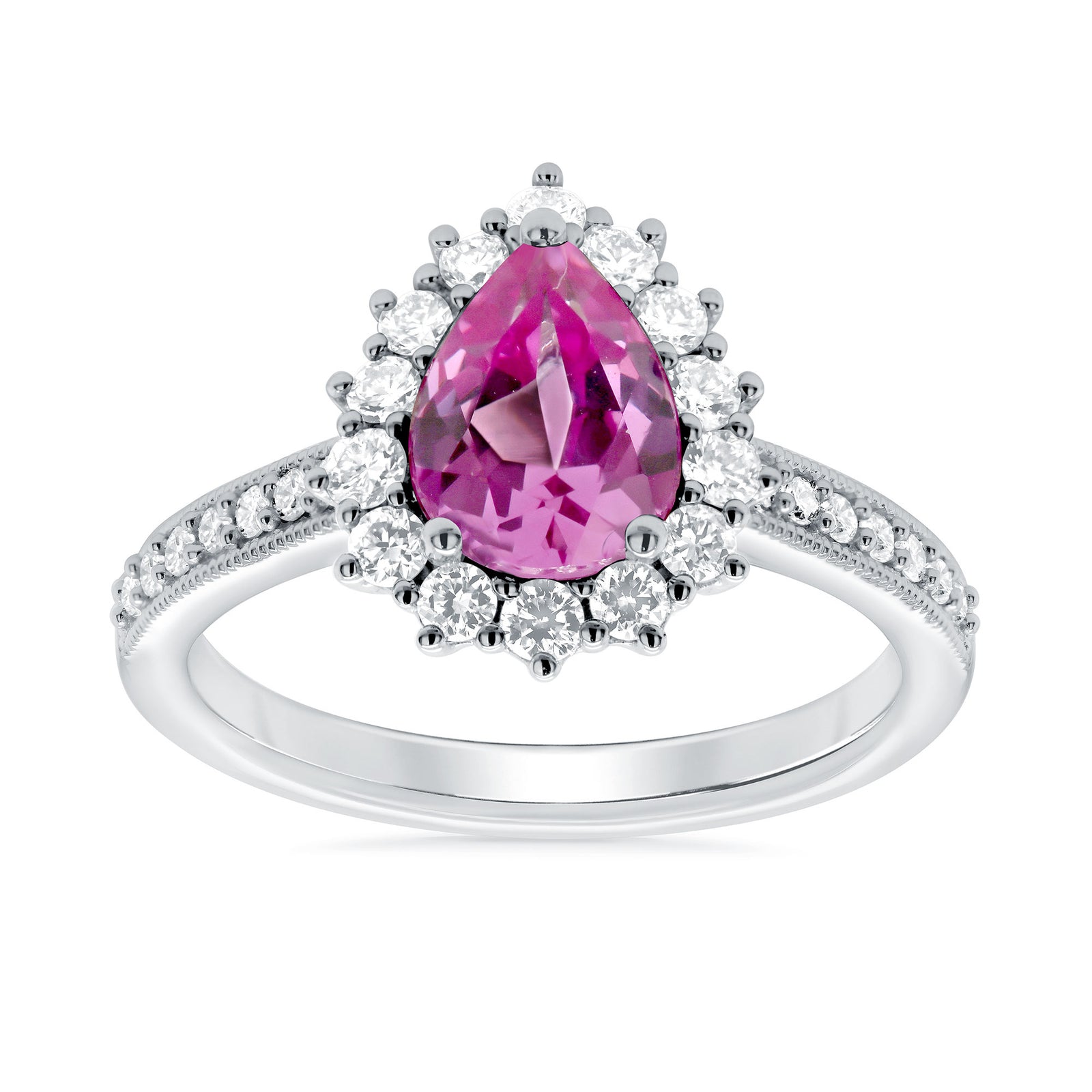 9ct White gold 8x6 pear lab created pink sapphire & E/VS diamond shoulders & cluster ring 0.50cts LG