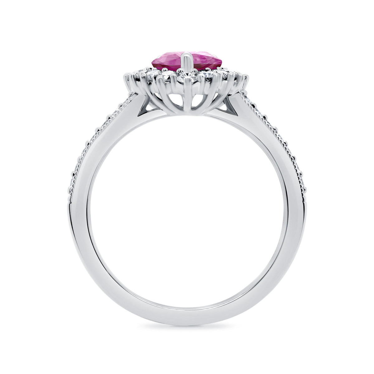 9ct White gold 8x6 pear lab created pink sapphire & E/VS diamond shoulders & cluster ring 0.50cts LG