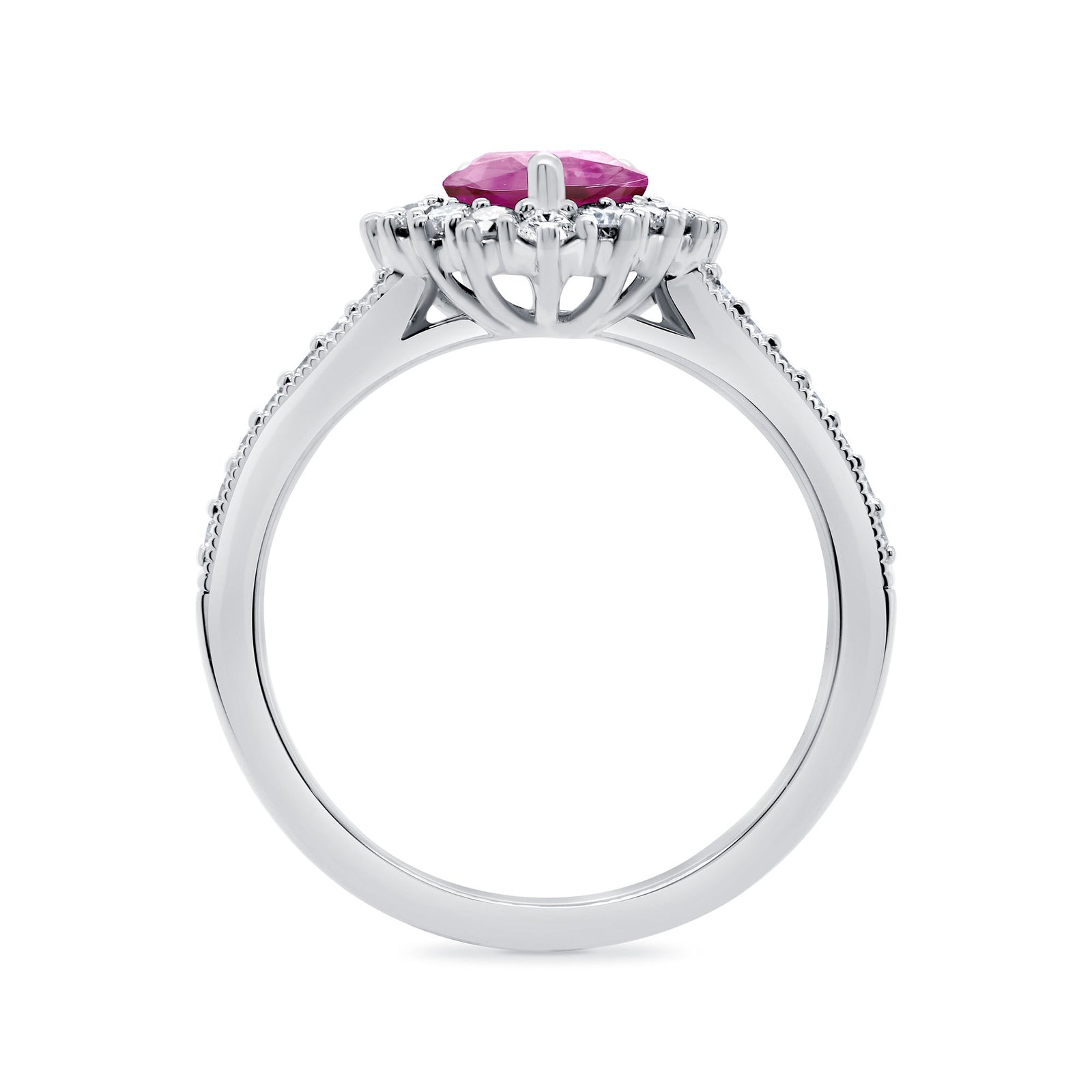 9ct White gold 8x6 pear lab created pink sapphire & E/VS diamond shoulders & cluster ring 0.50cts LG