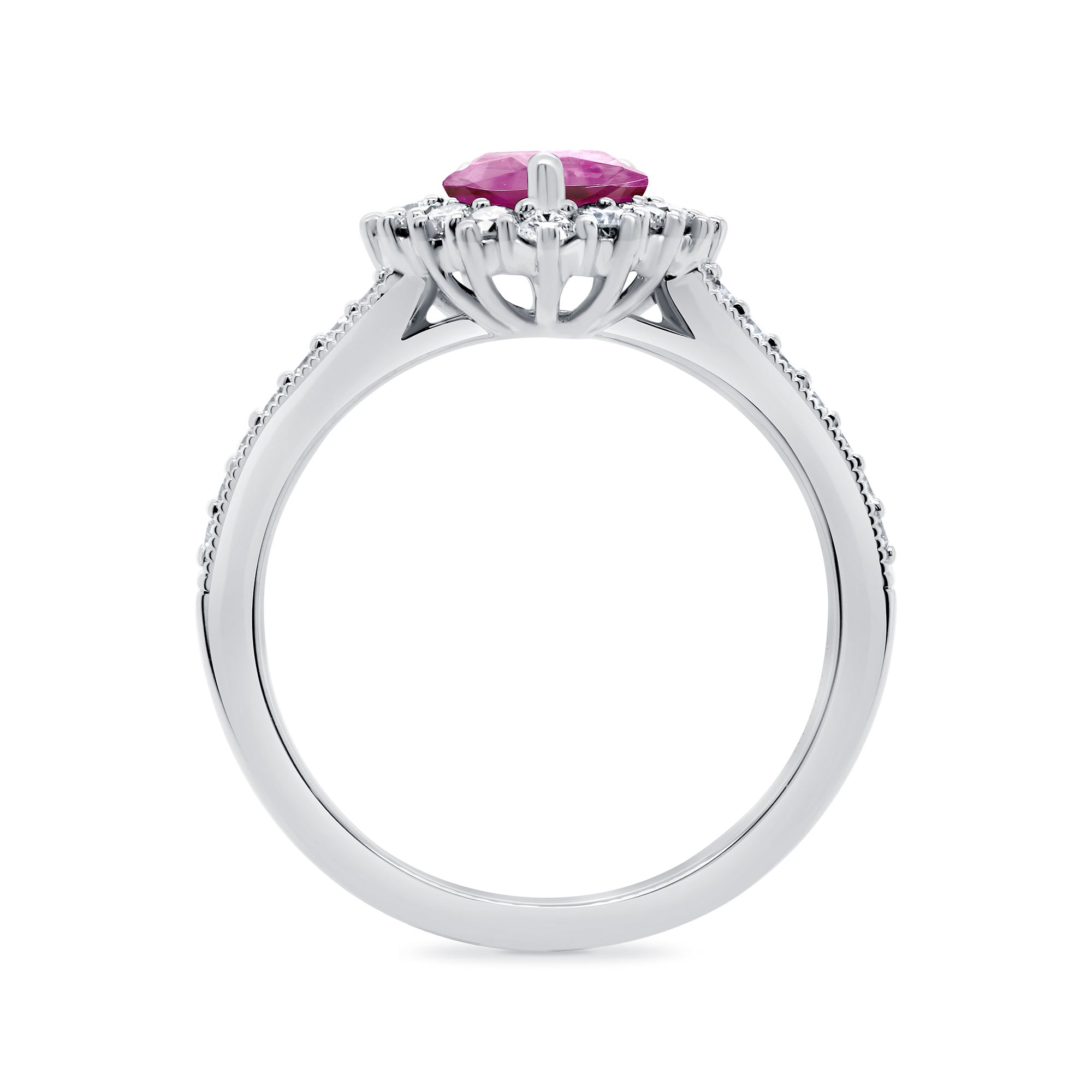 9ct White gold 8x6 pear lab created pink sapphire & E/VS diamond shoulders & cluster ring 0.50cts LG