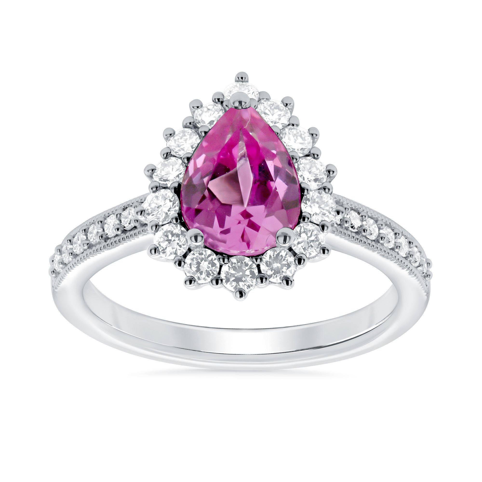 9ct White gold 8x6 pear lab created pink sapphire & E/VS diamond shoulders & cluster ring 0.50cts LG