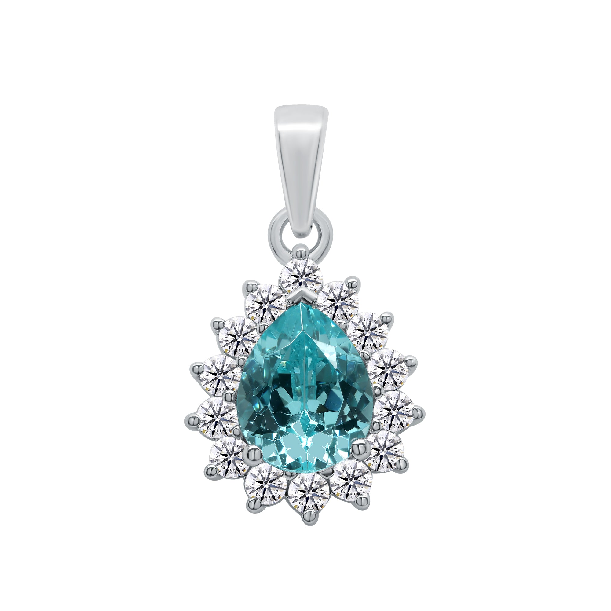 9ct white gold Lab Created 9x7mm pear 3.08cts Paraiba Tourmaline & E/Vs Diamonds 0.56ct LG Pendant