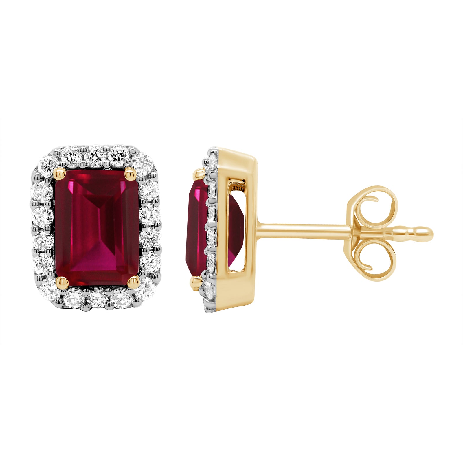 9ct gold Lab Created Ruby 7x5mm octagonal and E/VS diamond 0.36cts LG studs