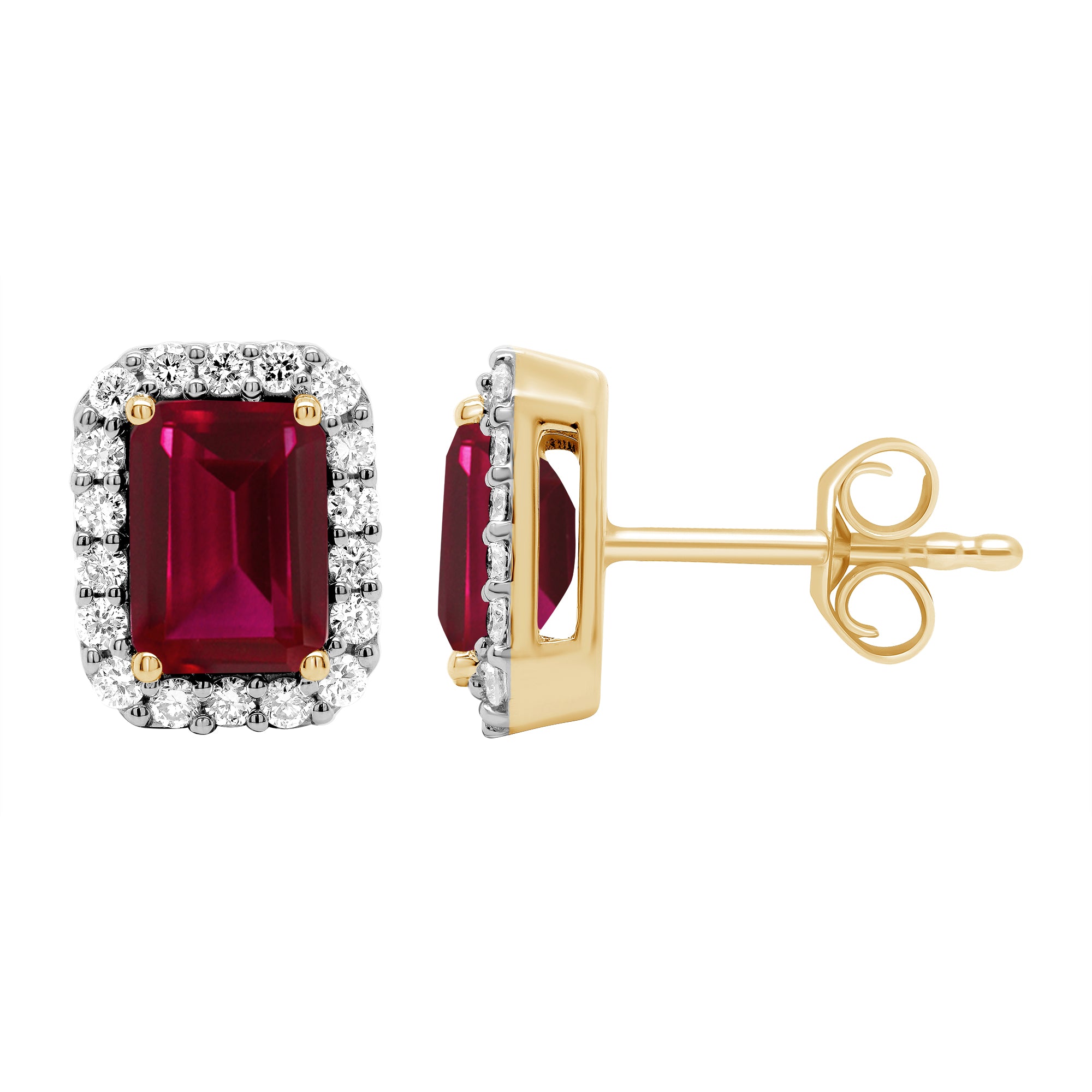 9ct gold Lab Created Ruby 7x5mm octagonal and E/VS diamond 0.36cts LG studs