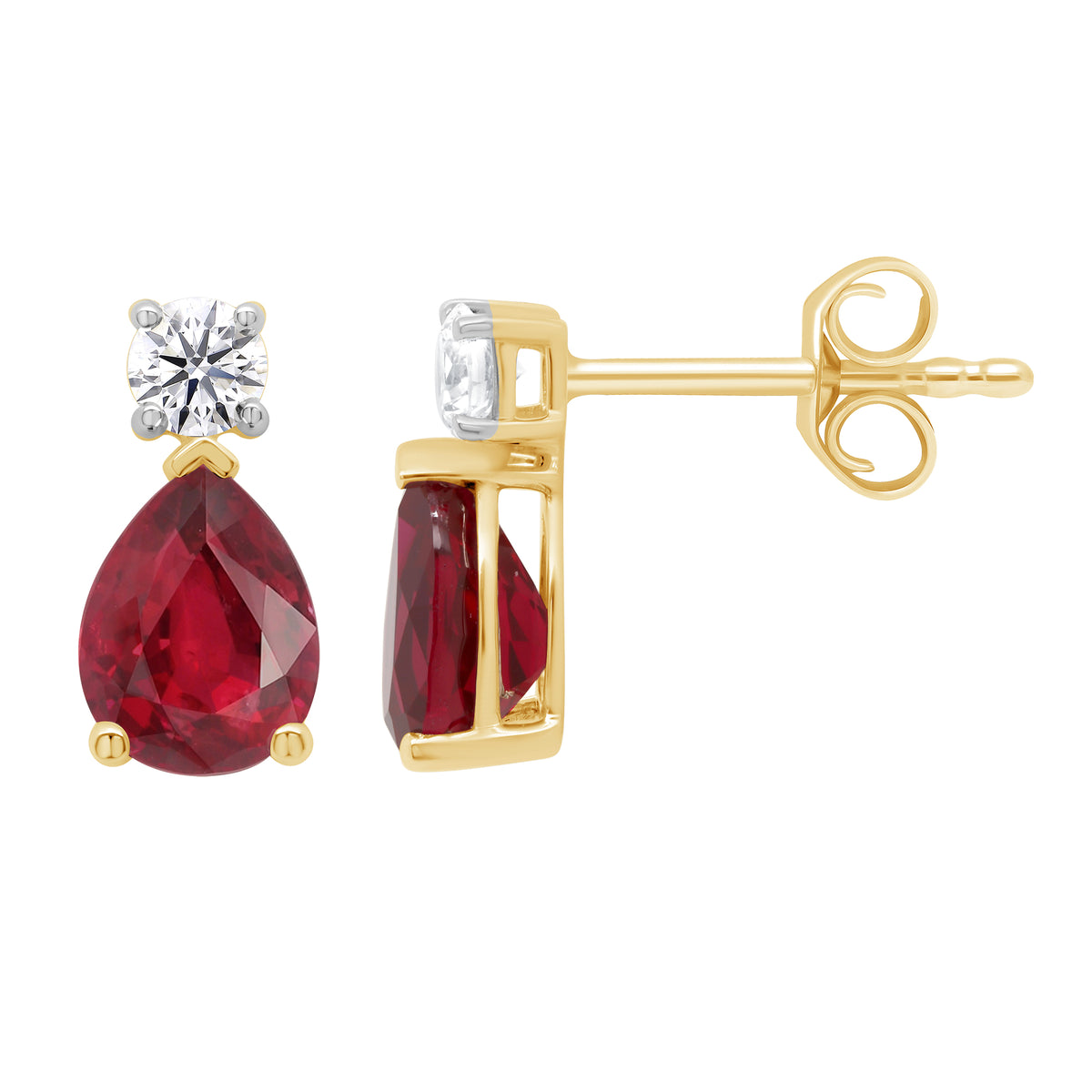 9ct gold Lab Created Ruby 8x6mm pear &amp; E/VS Diamonds earrings 0.30cts LG