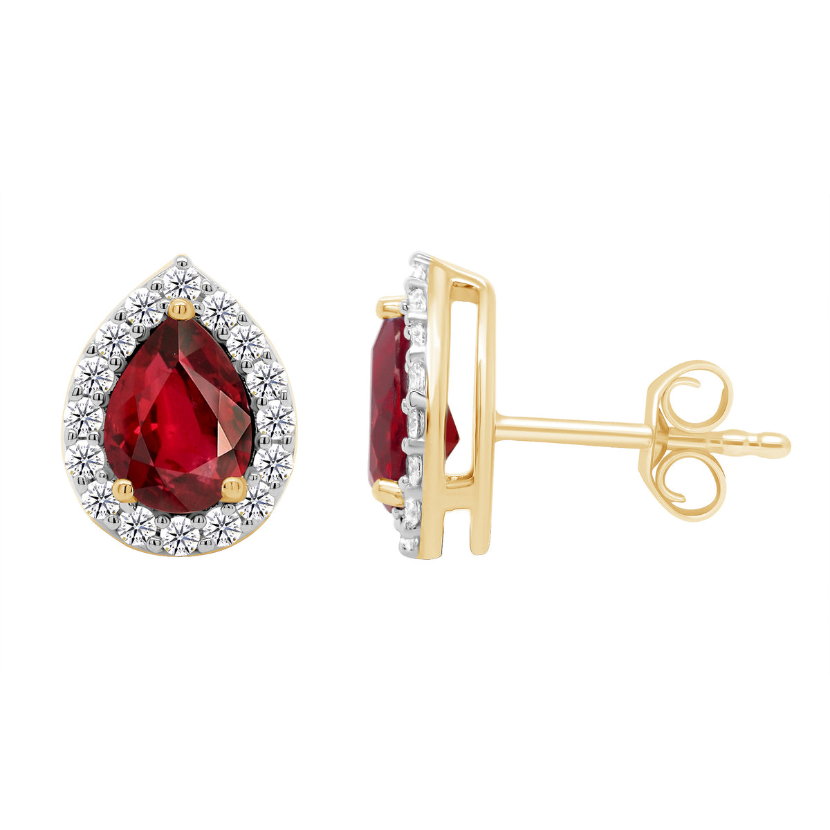 9ct gold 7x5mm Pear Lab Created Ruby &amp; E/VS Diamonds 0.33cts LG Earrings