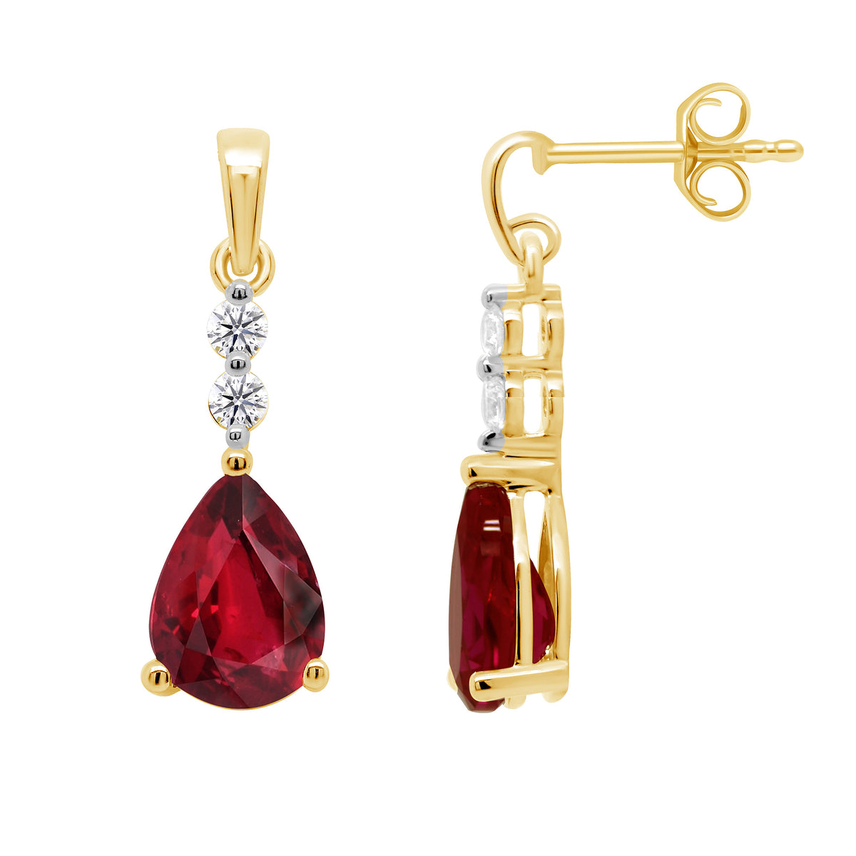 9ct gold 7x5mm Pear Lab Created Ruby &amp; E/VS Diamond 0.08cts LG Earrings