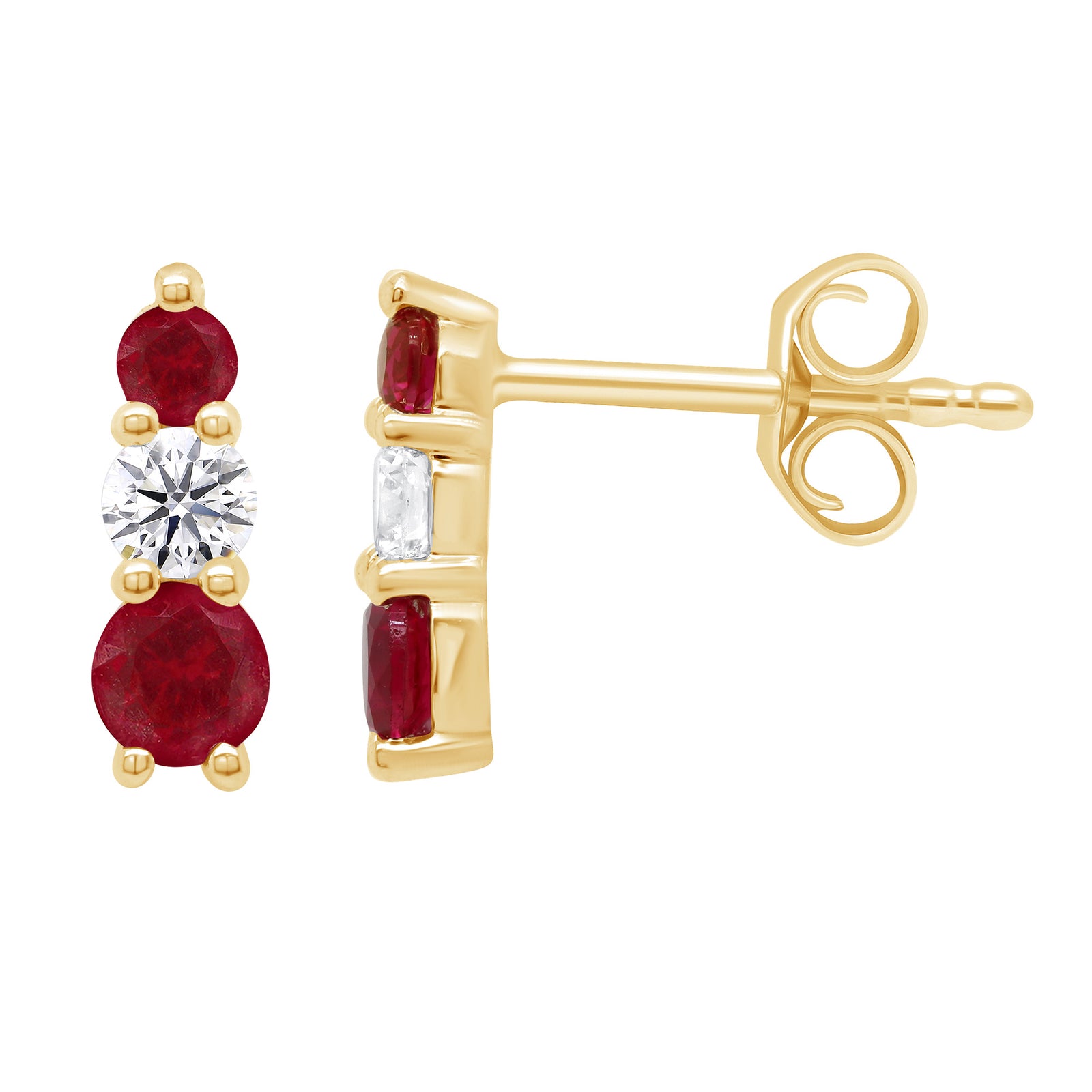 9ct gold Lab Created Ruby & E/VS Diamond Trilogy 0.07cts LG Earrings