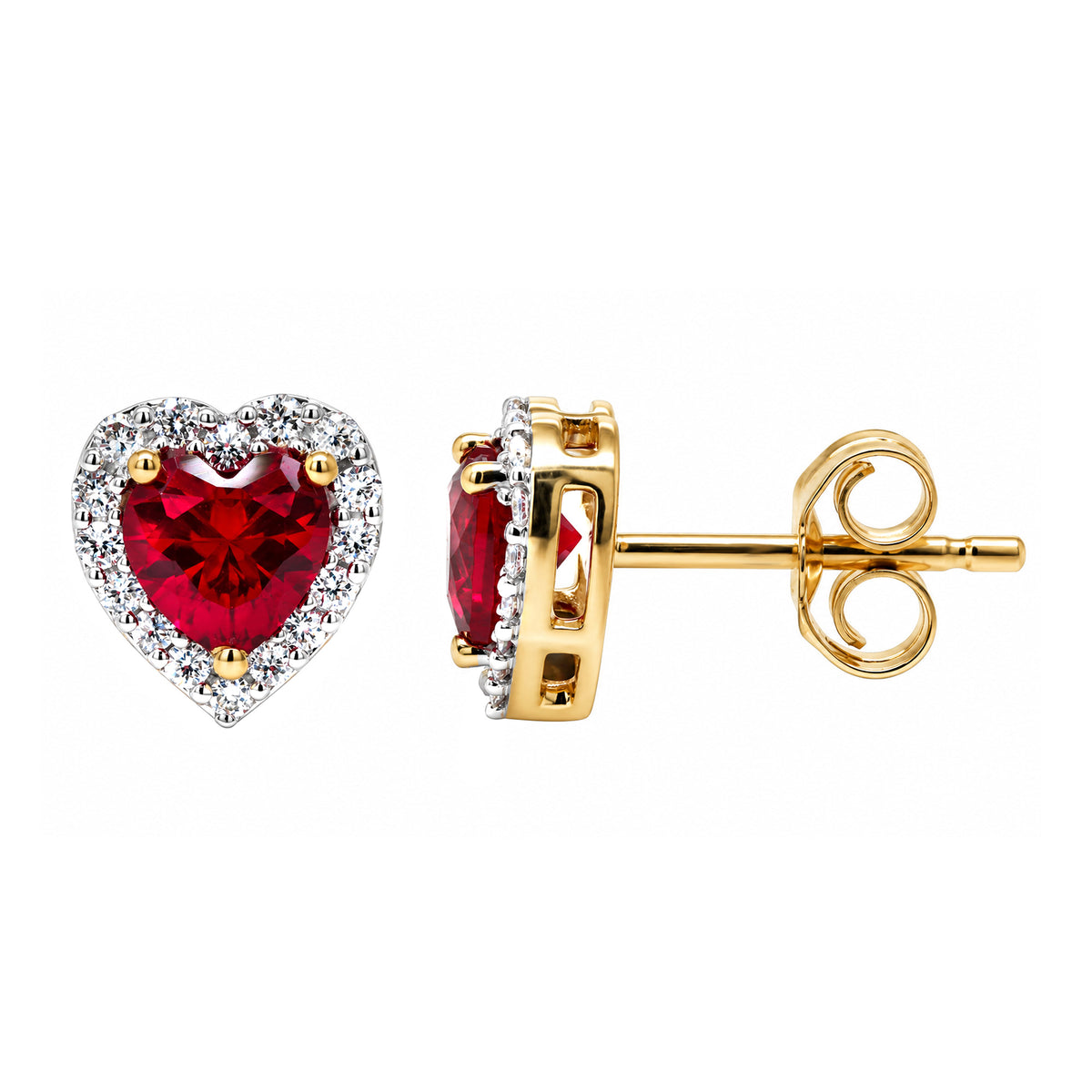9ct gold heart shape Lab Created Ruby &amp; E/VS Diamond 0.20cts LG Earrings