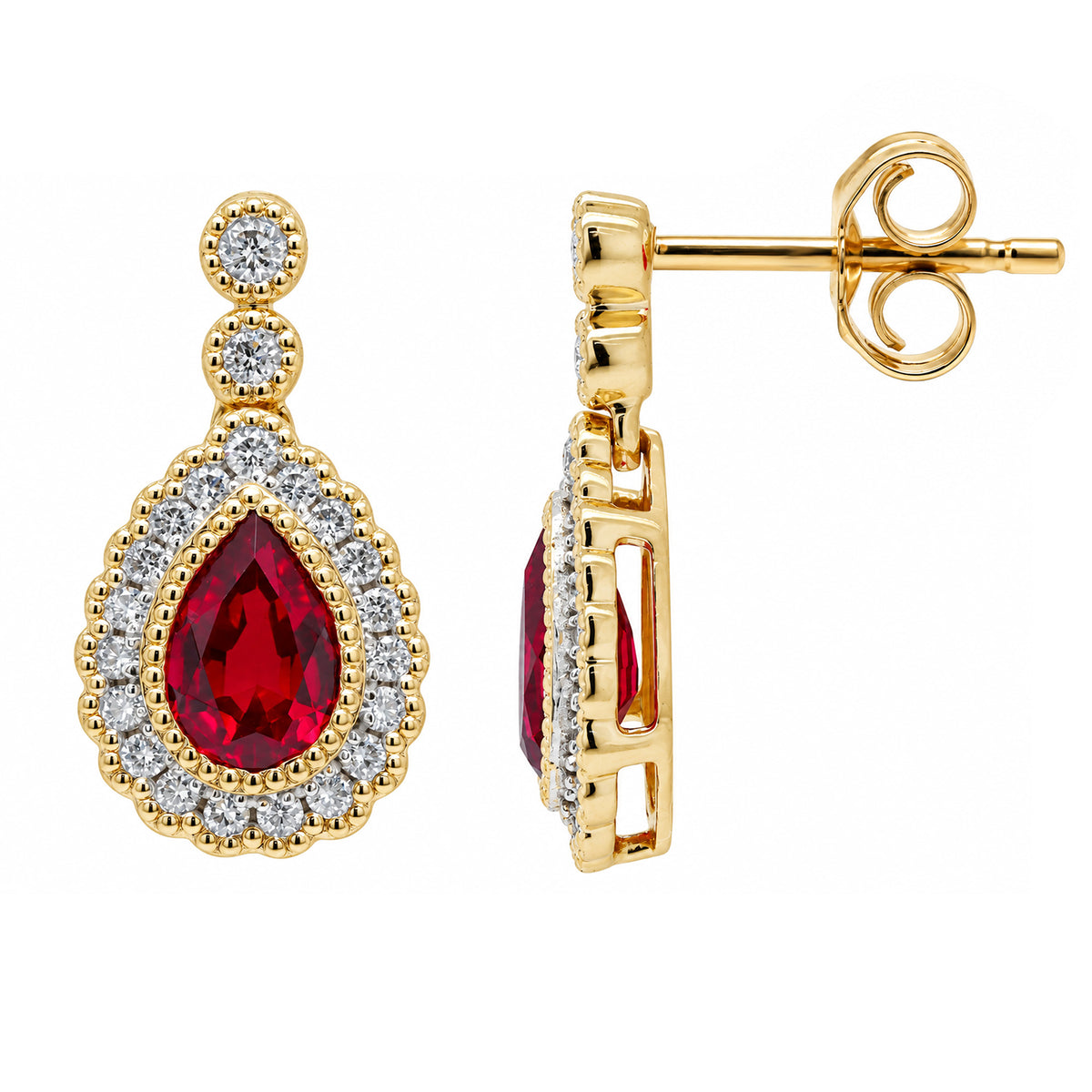 9ct gold pear Lab Created Ruby &amp; E/VS Diamond 0.25cts LG Earrings