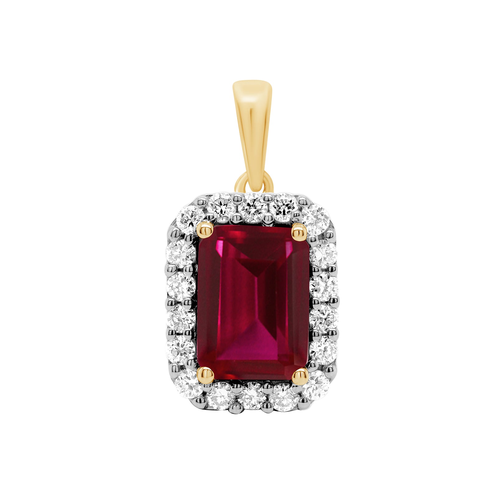 9ct gold Lab Created Ruby 8x6mm octagonal and E/VS diamond 0.27cts LG pendant