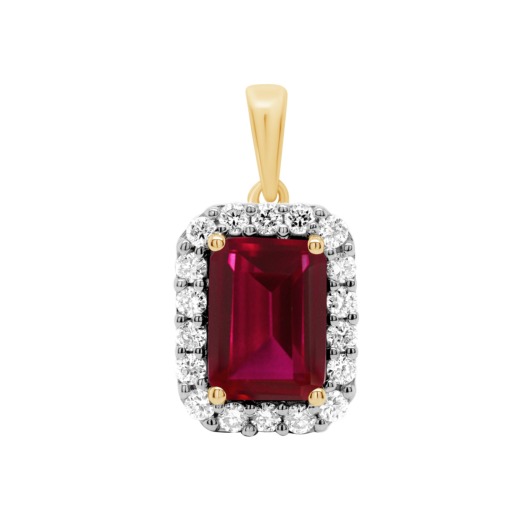 9ct gold Lab Created Ruby 8x6mm octagonal and E/VS diamond 0.27cts LG pendant