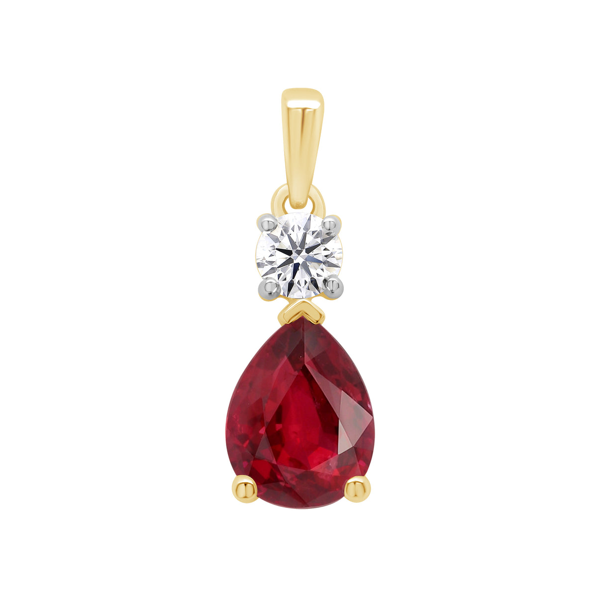 9ct gold Lab Created Ruby 9x7mm pear &amp; E/VS Diamonds pendant 0.25cts LG