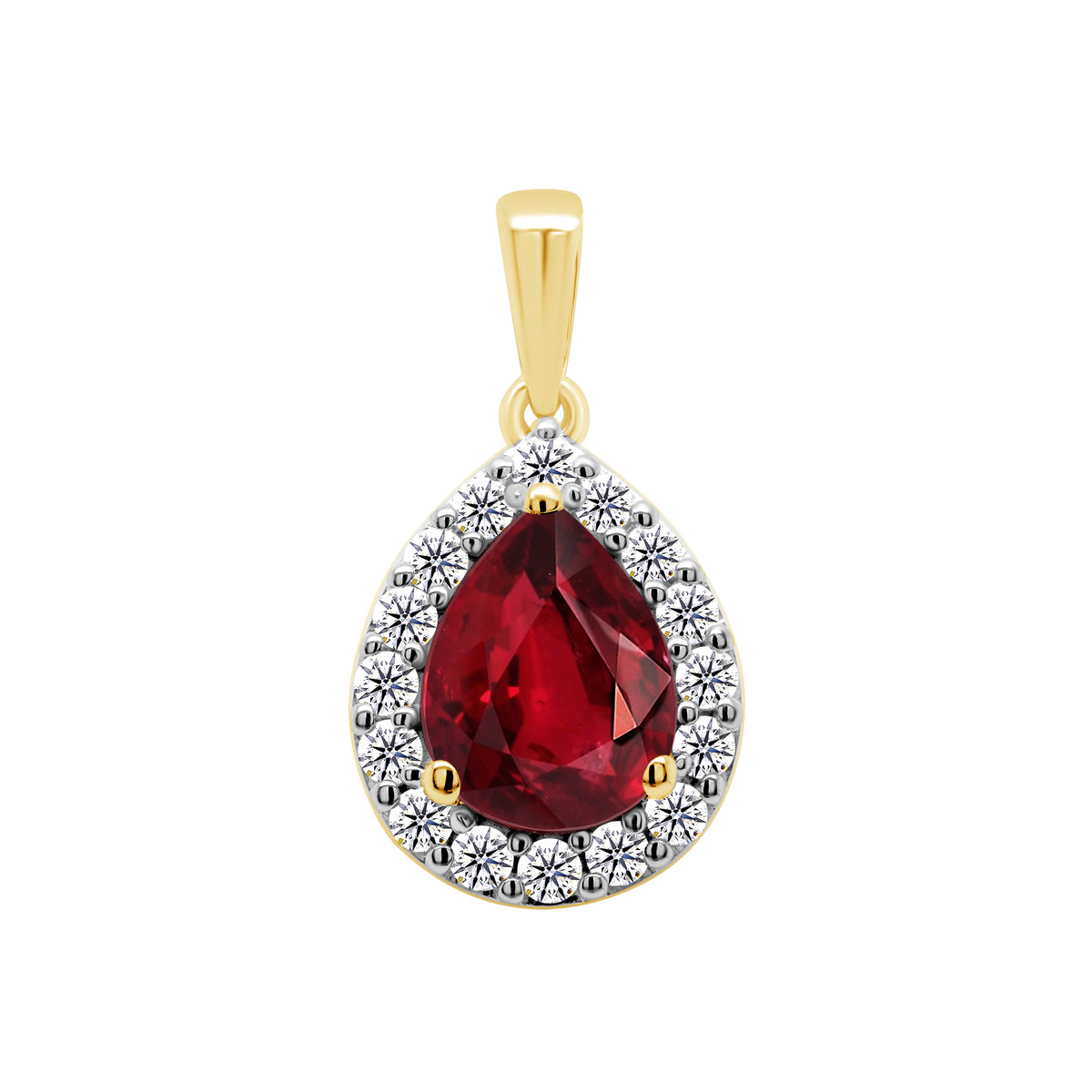 9ct gold 8x6mm Pear Lab Created Ruby &amp; E/VS Diamonds 0.25cts LG Pendant