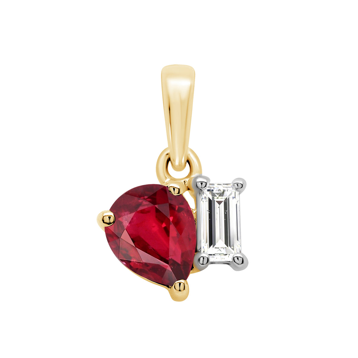 9ct gold 2 Stone Pear Lab Created Ruby &amp; E/VS Diamond 0.07cts LG Pendant