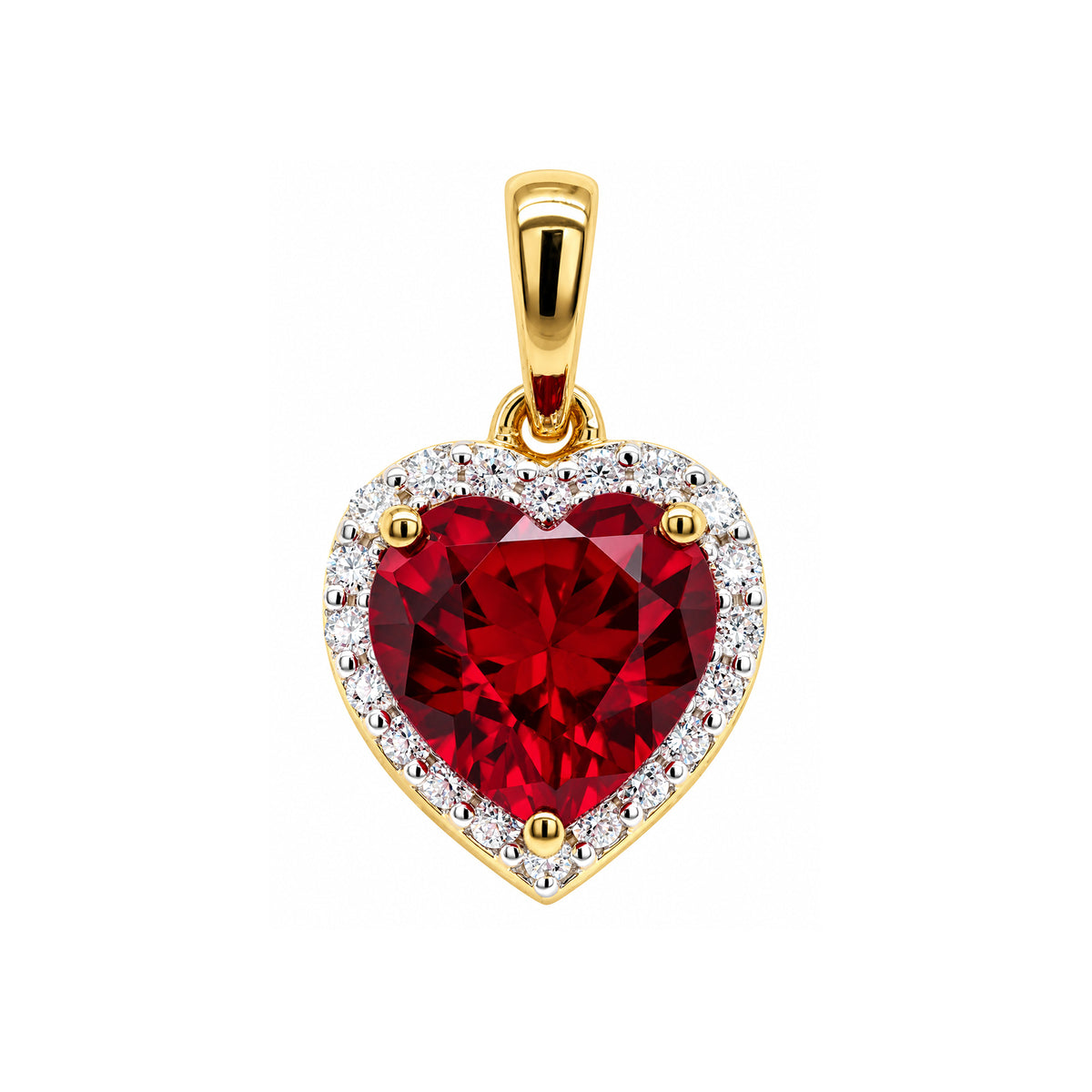 9ct gold heart shape Lab Created Ruby &amp; E/VS Diamond 0.16cts LG Pendant