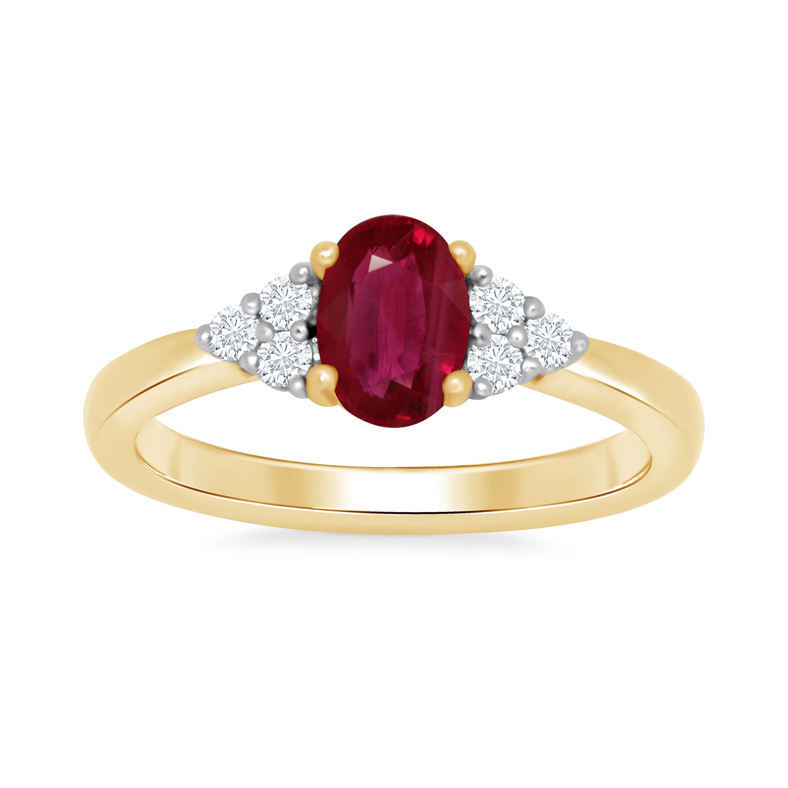 9ct gold 7x5 oval lab created ruby & 3 E/VS diamonds each side ring 0.15cts LG