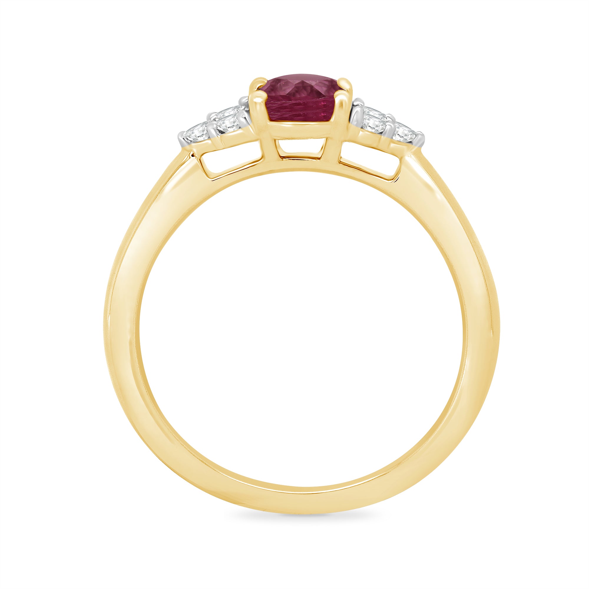 9ct gold 7x5 oval lab created ruby & 3 E/VS diamonds each side ring 0.15cts LG