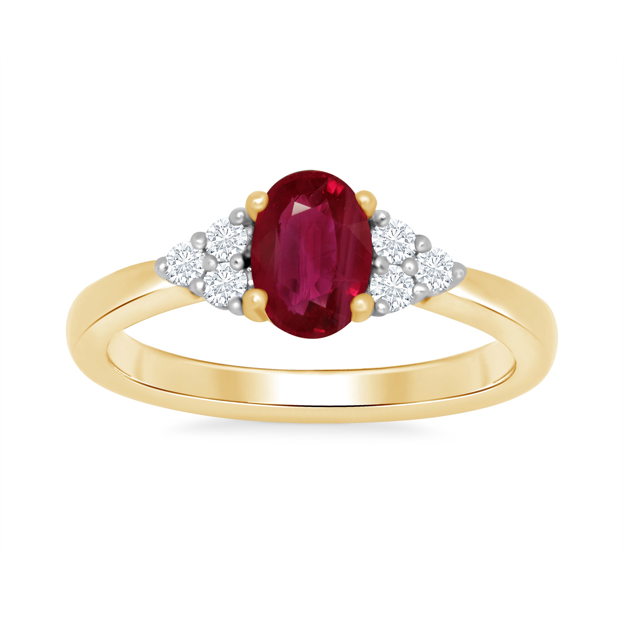 9ct gold 7x5 oval lab created ruby & 3 E/VS diamonds each side ring 0.15cts LG
