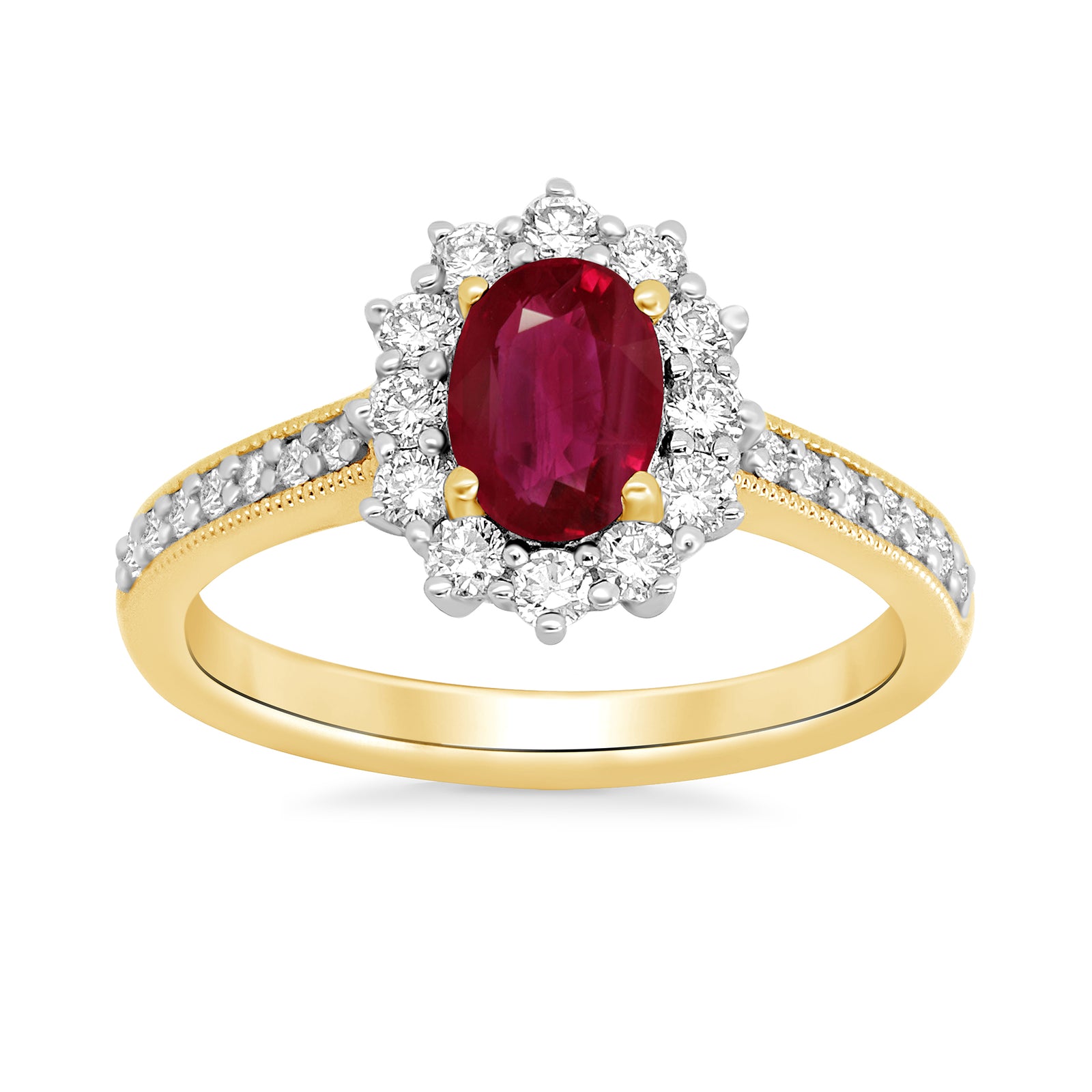 9ct gold 7x5 oval lab created ruby & E/VS diamond shoulders cluster ring 0.50cts LG