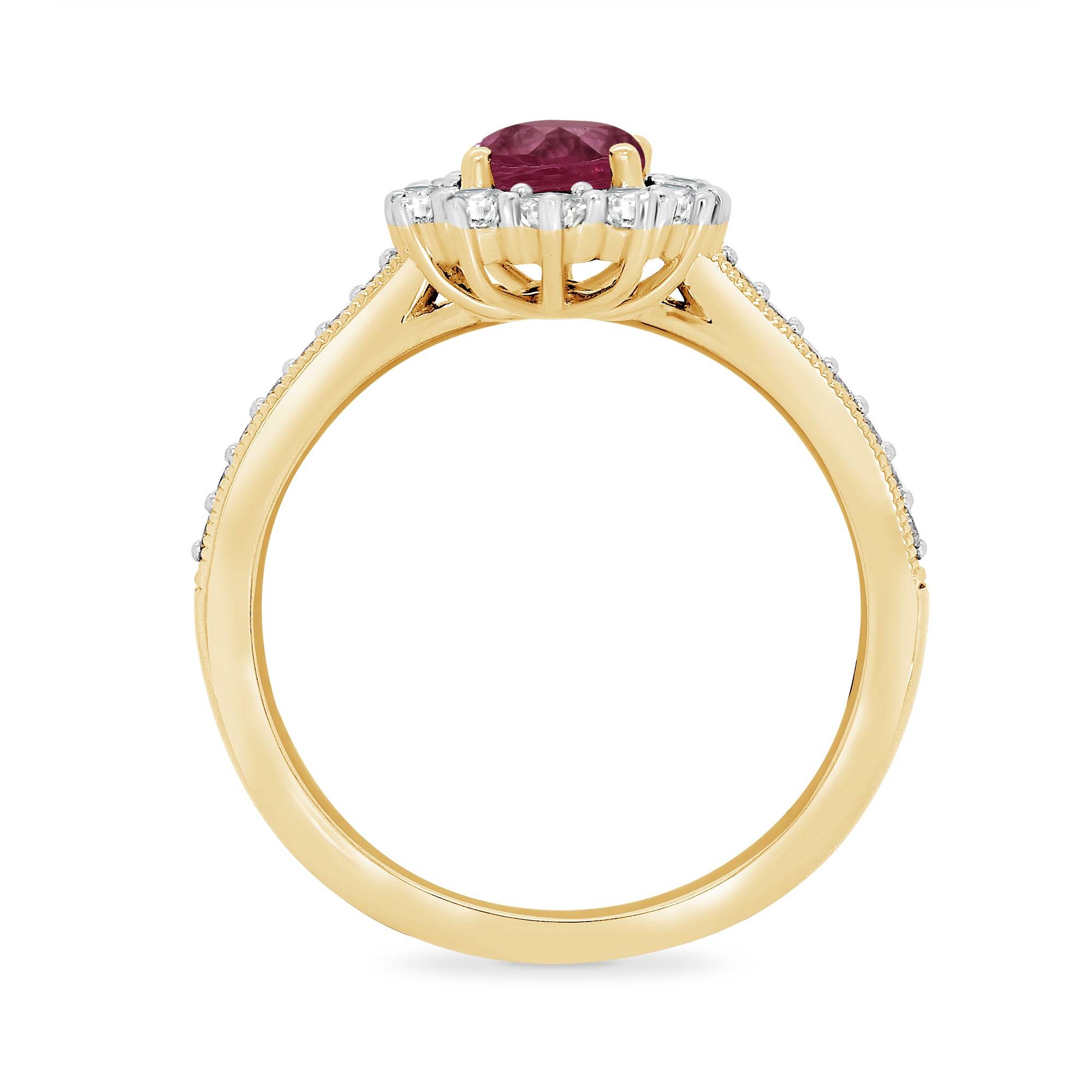 9ct gold 7x5 oval lab created ruby & E/VS diamond shoulders cluster ring 0.50cts LG