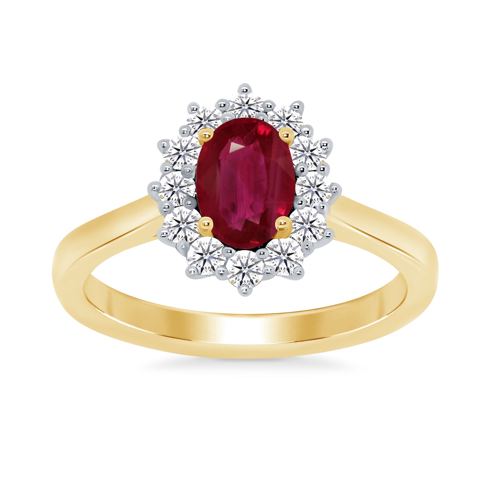 9ct gold 7x5 oval lab created ruby & E/VS diamond cluster ring 0.33cts LG