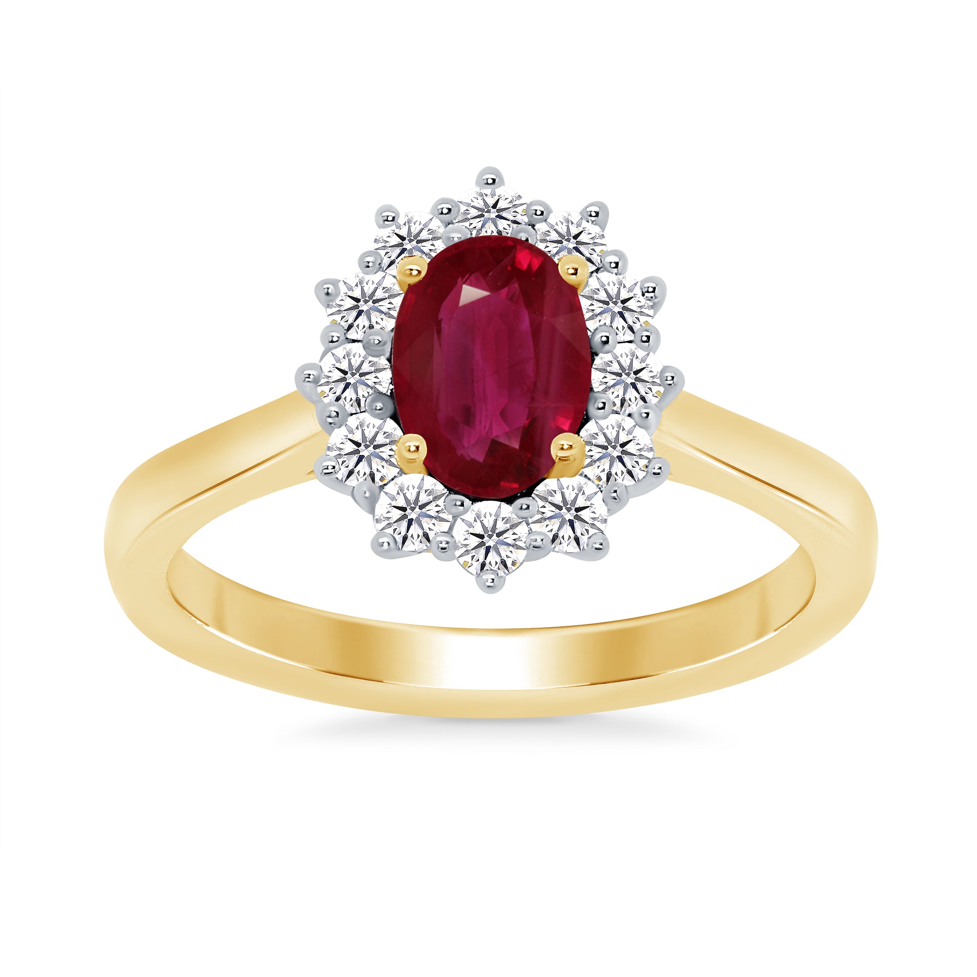 9ct gold 7x5 oval lab created ruby & E/VS diamond cluster ring 0.33cts LG