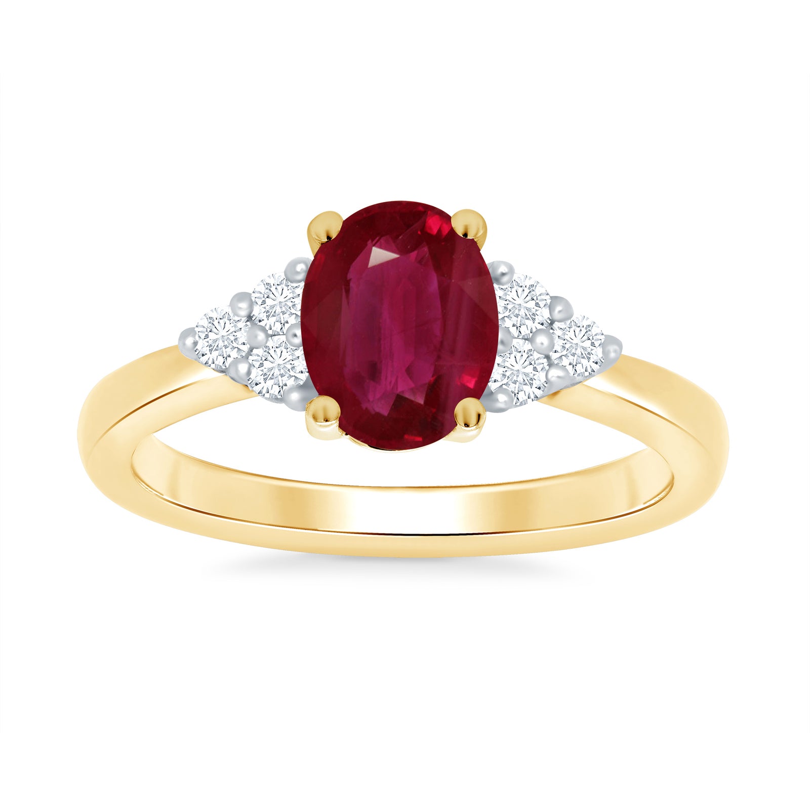 9ct gold 8x6 oval lab created ruby & 3 E/VS diamonds each side ring 0.15cts LG