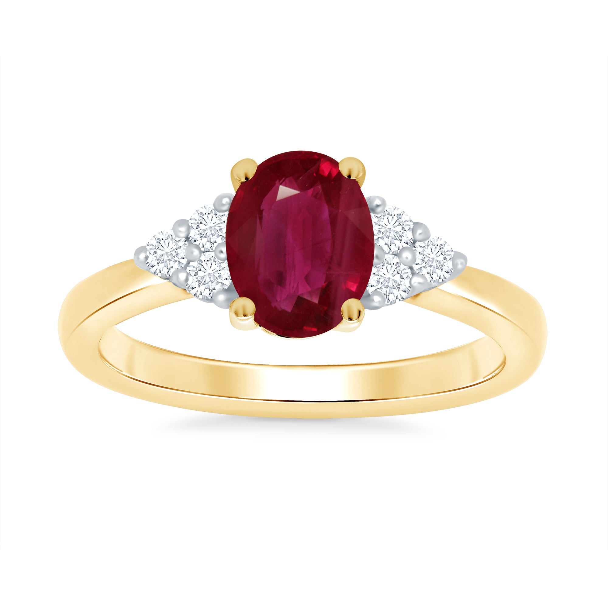 9ct gold 8x6 oval lab created ruby & 3 E/VS diamonds each side ring 0.15cts LG