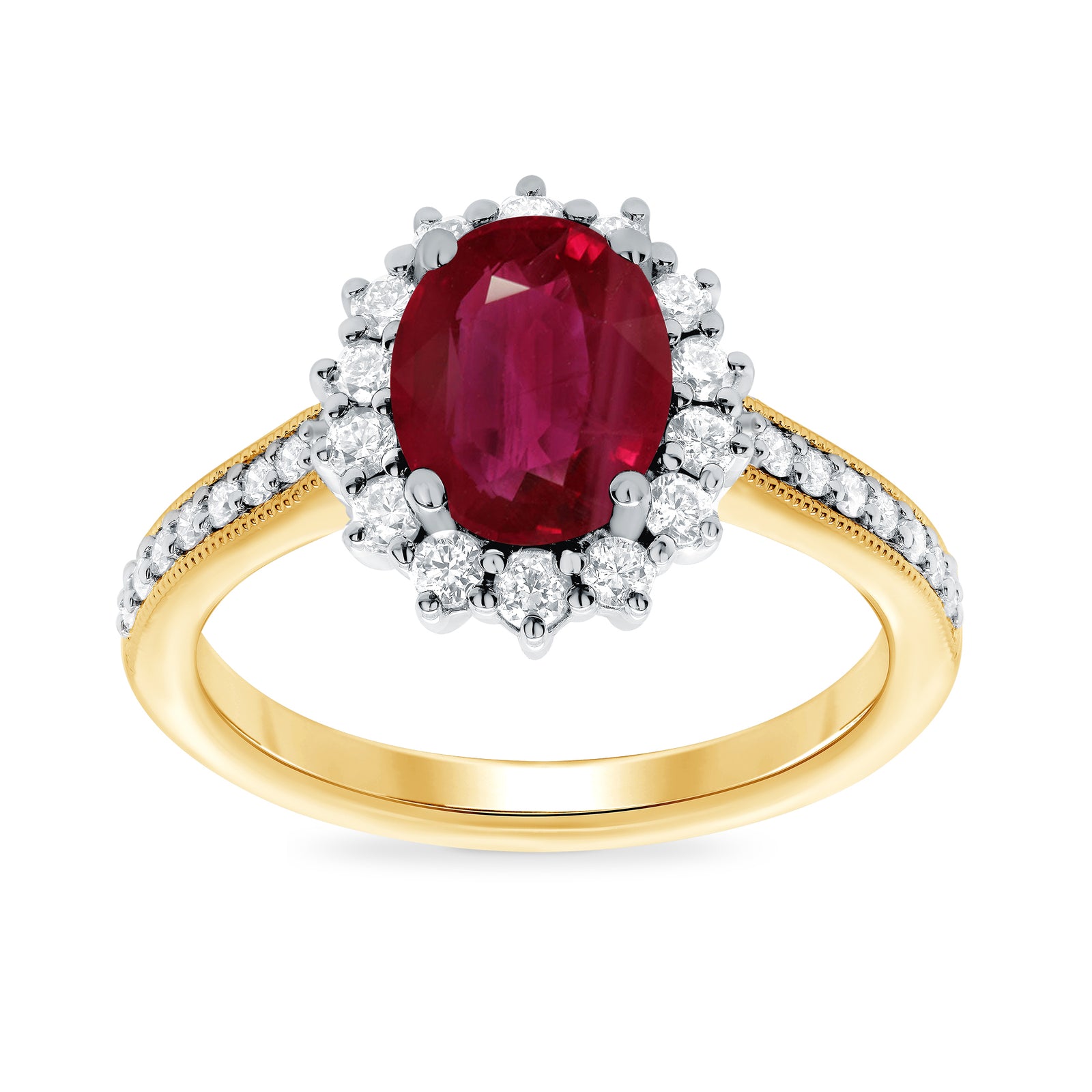 9ct gold 8x6 oval lab created ruby & E/VS diamond shoulders cluster ring 0.50cts LG