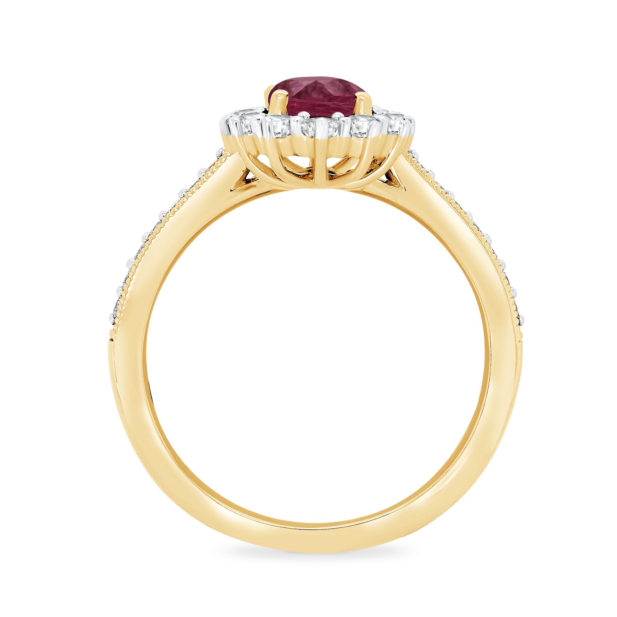 9ct gold 8x6 oval lab created ruby & E/VS diamond shoulders cluster ring 0.50cts LG