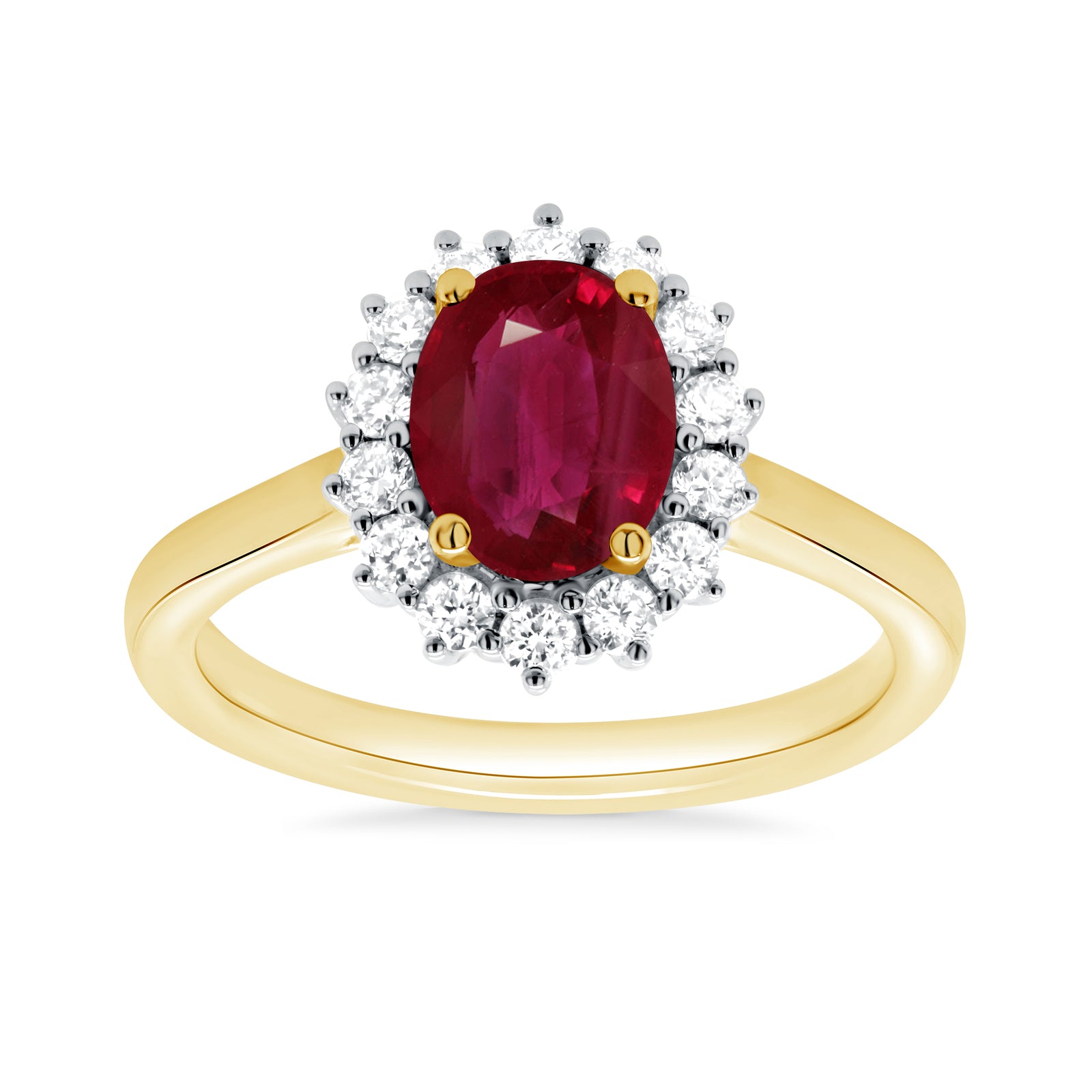 9ct gold 8x6 oval lab created ruby & E/VS diamond cluster ring 0.36cts LG