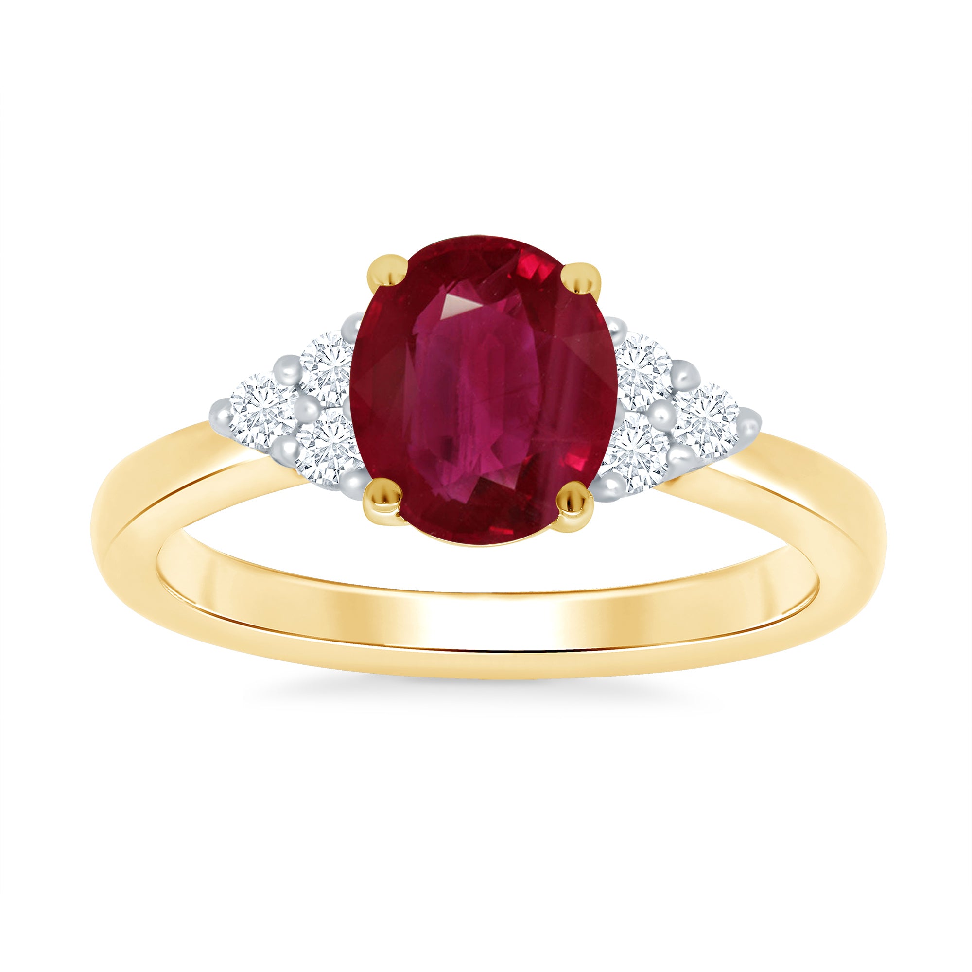 9ct gold 9x7 oval lab created ruby & 3 E/VS diamonds each side ring 0.15cts LG