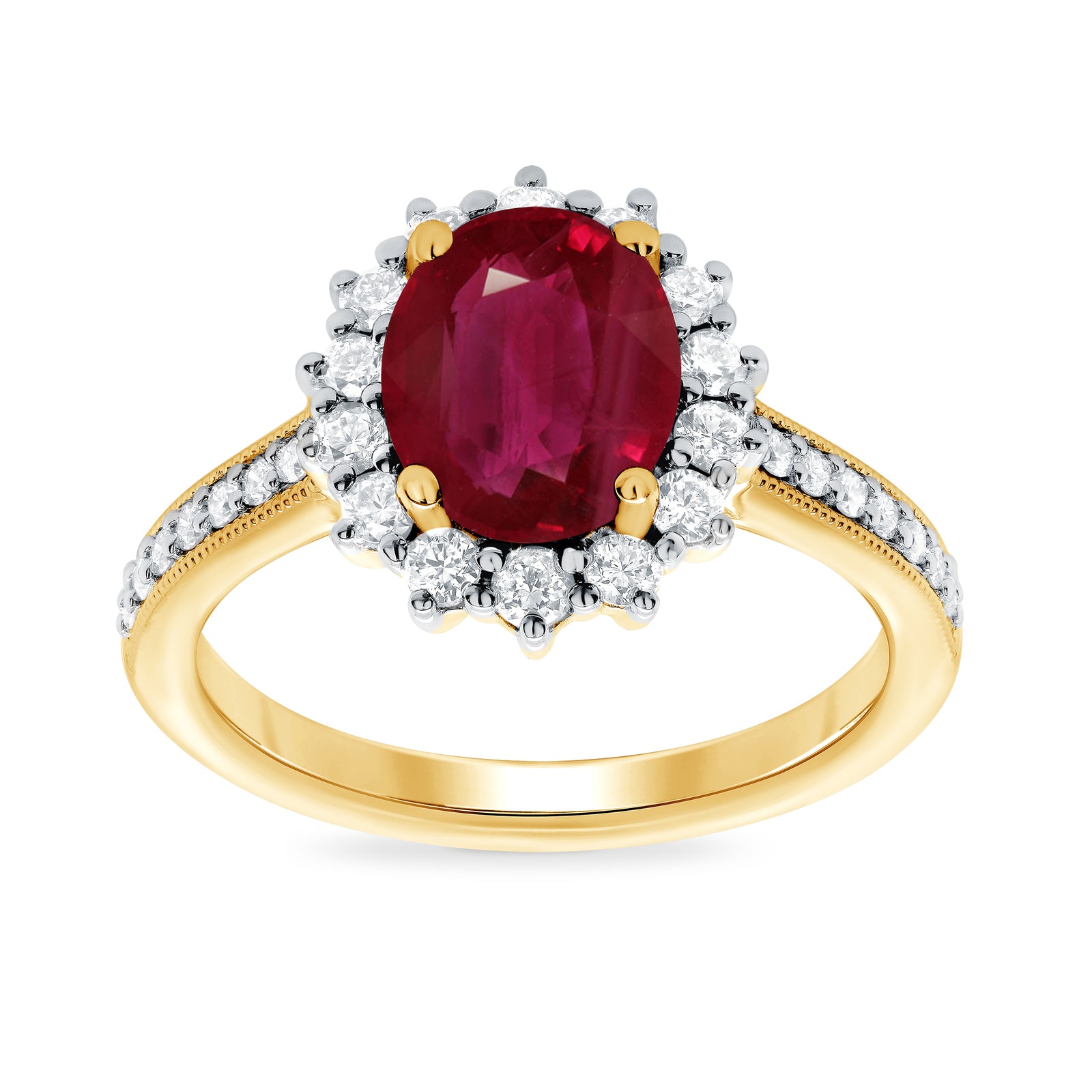 9ct gold 9x7 oval lab created ruby & E/VS diamond shoulders cluster ring 0.50cts LG