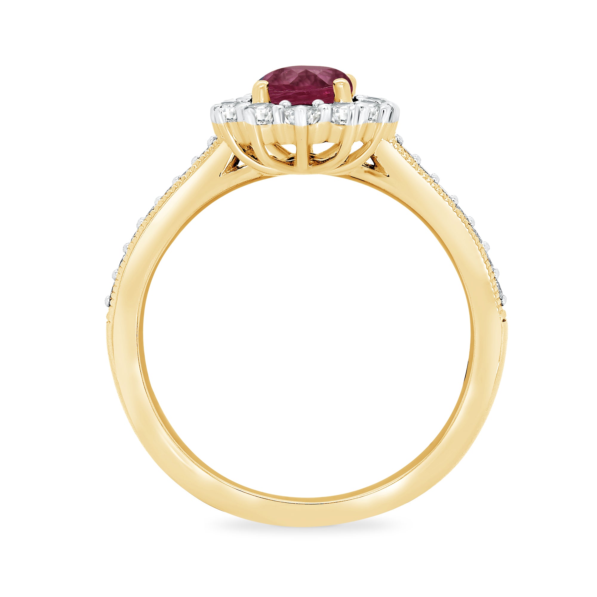 9ct gold 9x7 oval lab created ruby & E/VS diamond shoulders cluster ring 0.50cts LG