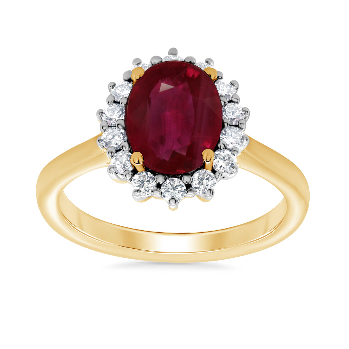 9ct gold 9x7 oval lab created ruby &amp; E/VS diamond cluster ring 0.36cts LG