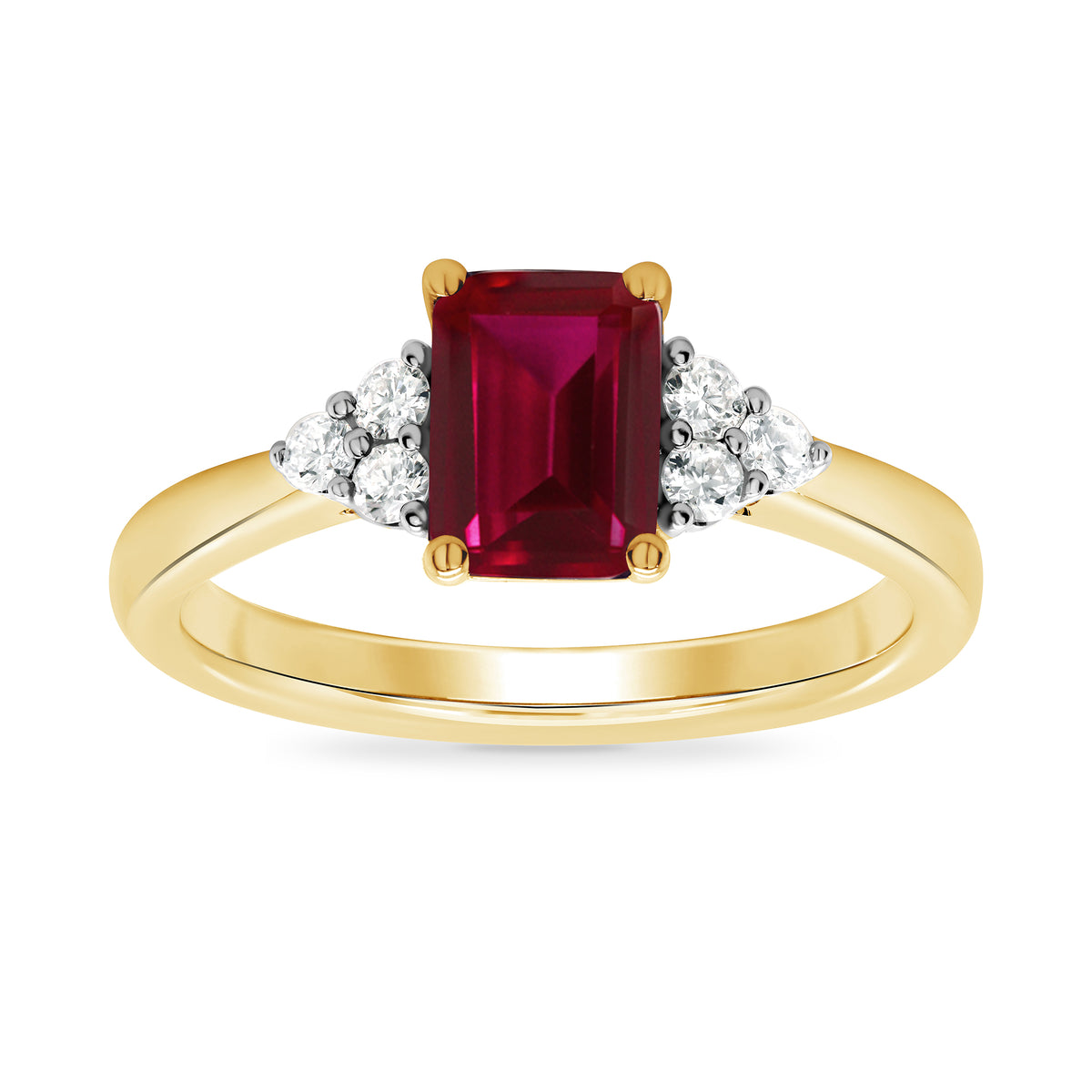 9ct gold 7x5 octagonal lab created ruby &amp; 3 E/VS diamonds each side ring 0.15cts LG
