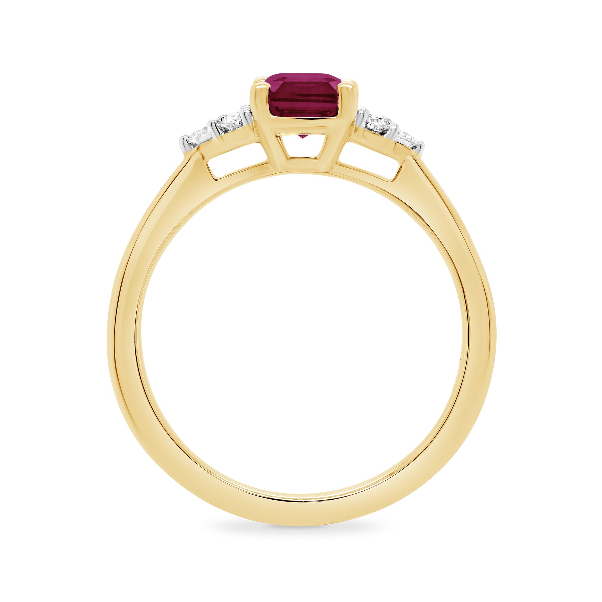 9ct gold 7x5 octagonal lab created ruby & 3 E/VS diamonds each side ring 0.15cts LG