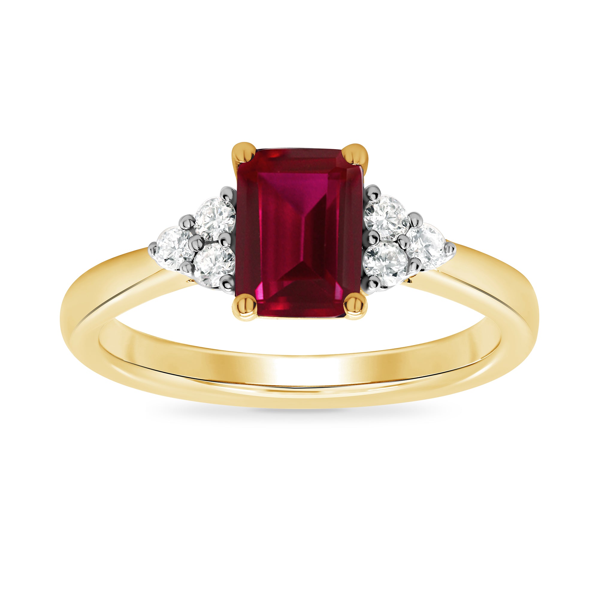 9ct gold 7x5 octagonal lab created ruby & 3 E/VS diamonds each side ring 0.15cts LG