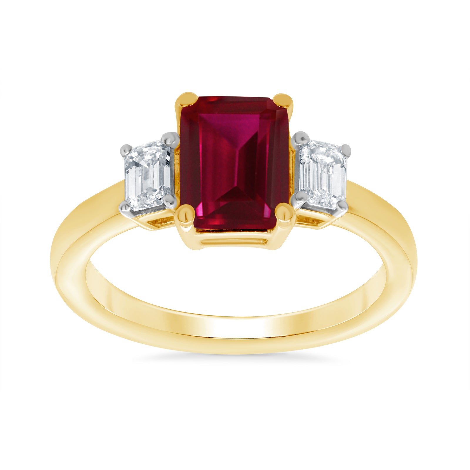 9ct gold 7x5 octagonal lab created ruby & E/VS diamonds ring 0.40cts LG
