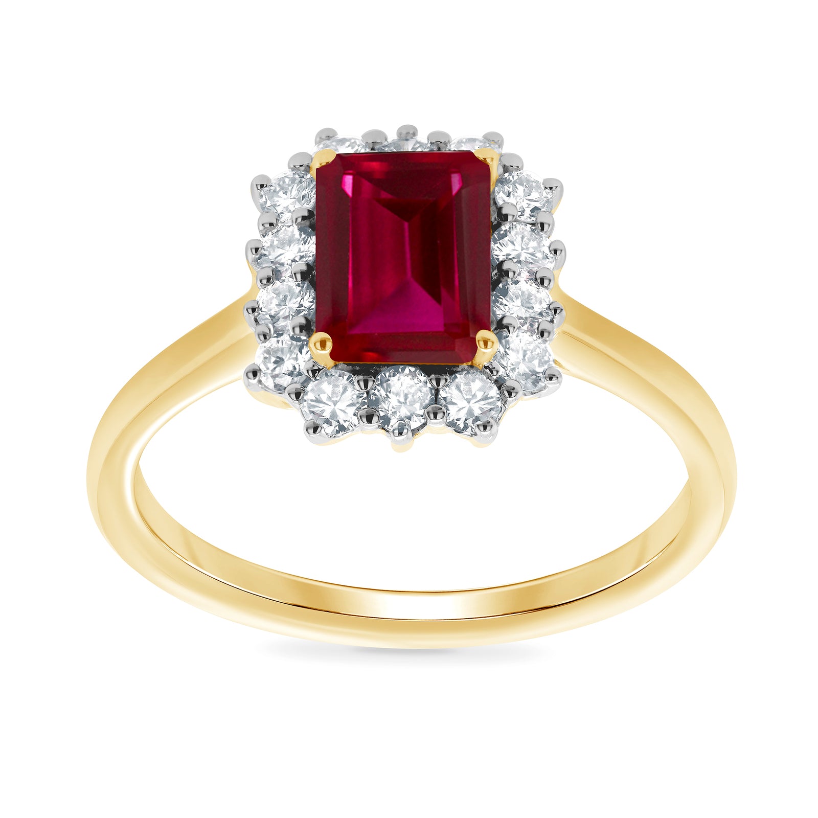 9ct gold 7x5 octagonal lab created ruby & E/VS diamond cluster ring 0.36cts LG