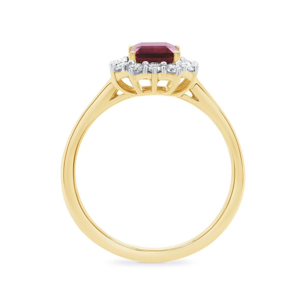 9ct gold 7x5 octagonal lab created ruby & E/VS diamond cluster ring 0.36cts LG