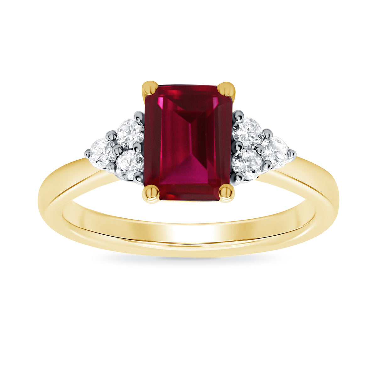 9ct gold 8x6 octagonal lab created ruby &amp; 3 E/VS diamonds each side ring 0.15cts LG