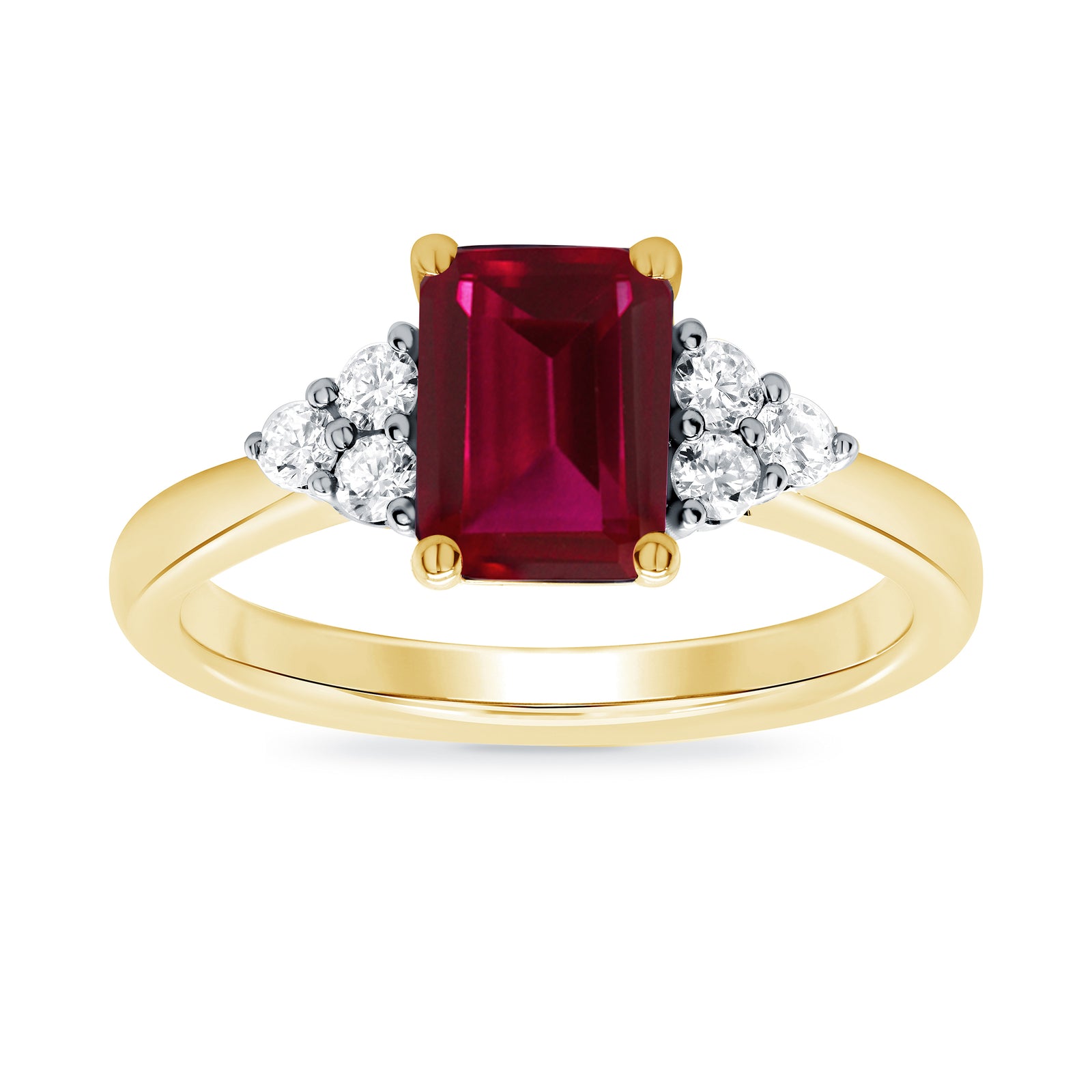 9ct gold 8x6 octagonal lab created ruby & 3 E/VS diamonds each side ring 0.15cts LG